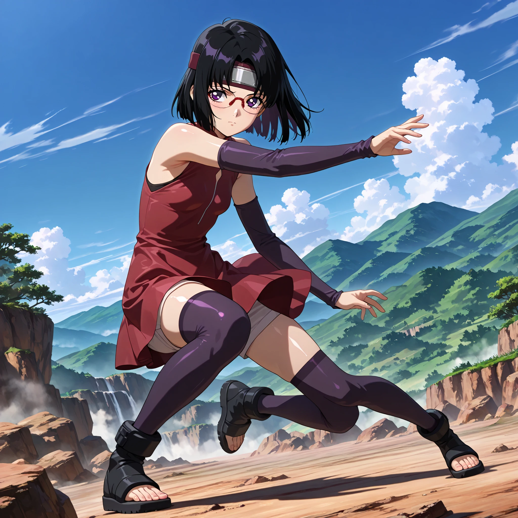 masterpiece, amazing quality, best quality, ultra-detailed, 8K, illustration, clear skin, ultra-detailed-eyes, soft skin, very awa, very as2, shiny skin, shiny hair, soft body, 90's style, official art, hotaru tomoe, small breasts, short hair, black hair, purple eyes, parted bangs, glasses, headband, red sleeveless dress, detached sleeves, shorts, thighhighs, toeless shoes, full body, contrapposto, blue sky, cloud, hidden village, looking at side, attack pose, dynamic pose, solo