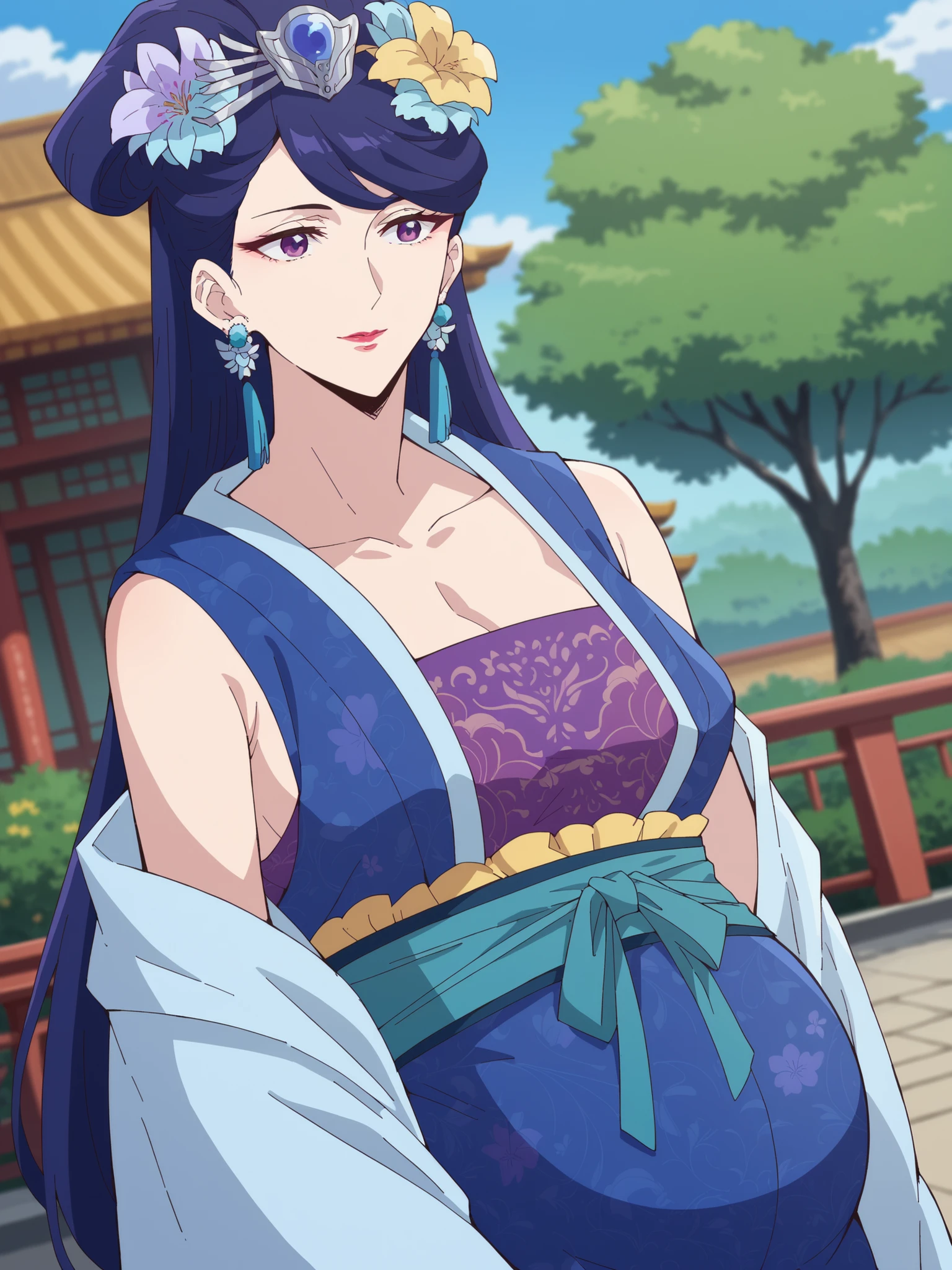 top quality, masterpiece,staring at viewers,sleeveless top with p,Pregnant women,armpits,Pear Blossom,Every Single Person at the Drugstore,long hair, purple eyes, purple hair, flower, earrings, hair flower, makeover, lipstick,Chest, Jewelry, Chinese clothing, Hanfu,Outdoors, garden, bend their hips, smile,viewers on my mom, Dutch angle, cowboy shot