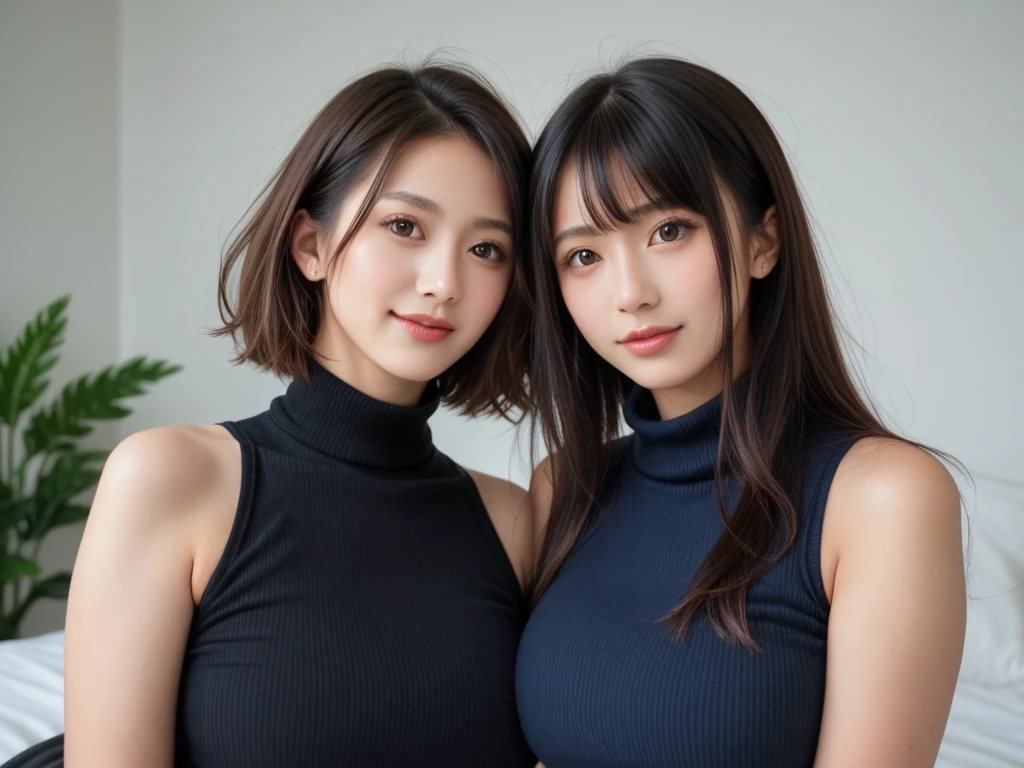 Two people facing each other and hugging happily、Two people hugging each other happily、Two people hugging each other tightly、Two people put their cheeks together、Two people touching cheeks with cheeks、Both of them are staring at the camera slightly above、Look firmly at the camera、Lesbian couple、Lily couple、((Bring your cheeks together、35 year old、Both supermodels are 190cm tall、high-angle、Look up at the camera at the top、Straighten your back))、Two pretty and pretty girls、masterpiece、top-quality、realisticlying、realisitic、Seductive bright smile、Both of them have short clean hair with bangs、bangss、bangss、Both have short hair、clean hair with bangs、Short sleeve white shirt with collar、White shirt with collar、(Plaid pleated skirt)、enticing eyes、Both have very large breasts、very Bigger breasts、Big ass、big breasts thin waist、(cleavage of the breast)、(Immaculate white background with nothing really)、ighly detailed、Very tall、neck long、the neck is long、Straighten your back、Put your ears out、Highlights in the eyes、lipgloss、glowy skin、White-colored skin、Clean collarbone、closes mouth、Close your mouth and smile、Happily、Nice proportions、lovely、Charming and endearing、Colorful random collar shirt、Colorful random color skirt、Do not add shadows、No shadows、No shadows on the face、natural soft light、natural soft light、Gentle light