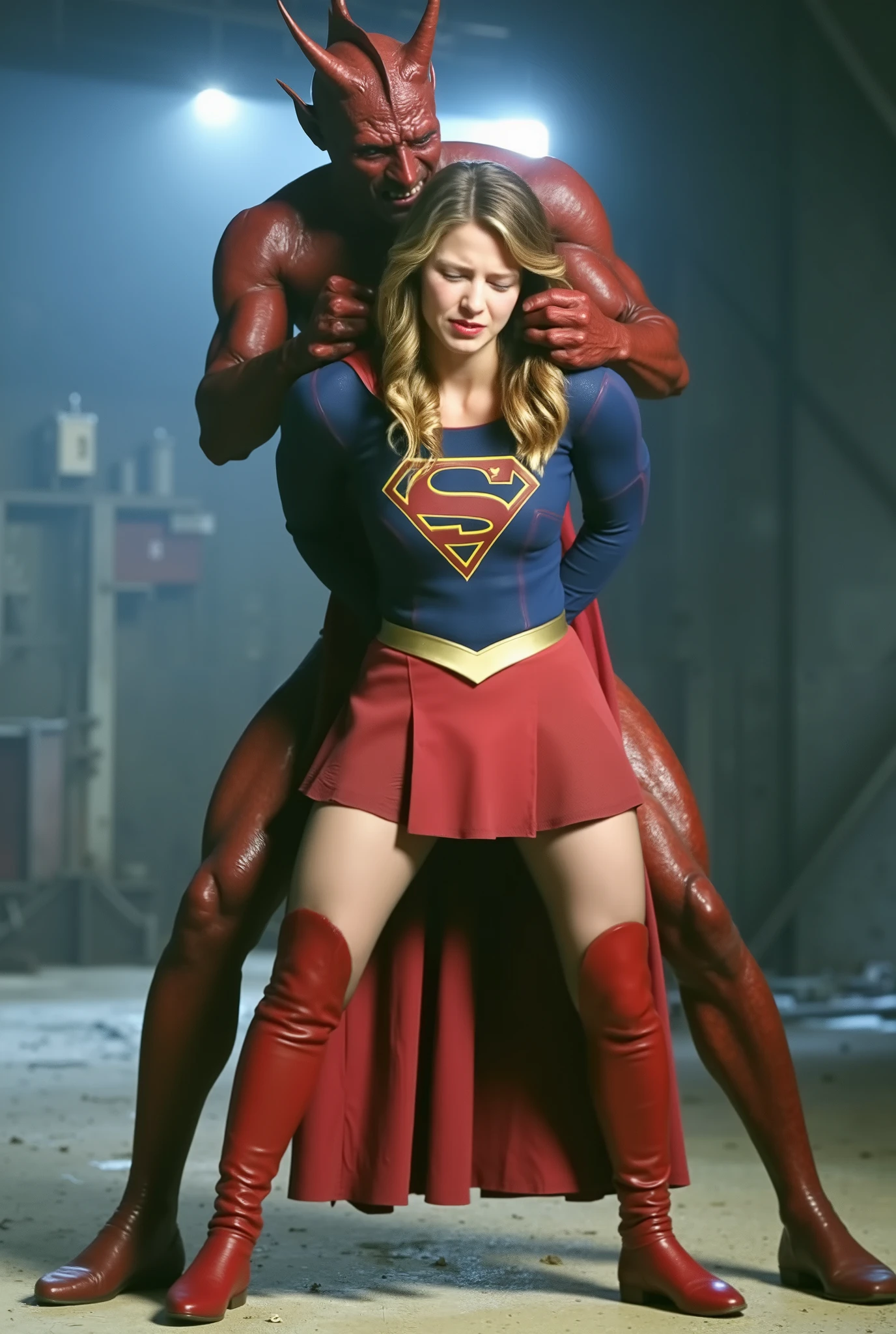 Melissa Benoist as Supergirl, (a very short skirt), both arms behind her back, wearing a Supergirl costume, blue shirt and red skirt, (upskirt0, red high boots, she is sexual assaulted from behind by a devil, embarrassment, ((painful face)), (Supergirl is crying in pain), he is hugging her tightly from behind, whole body from head to feet are visible, in the factory, night time, bright spot lighting,