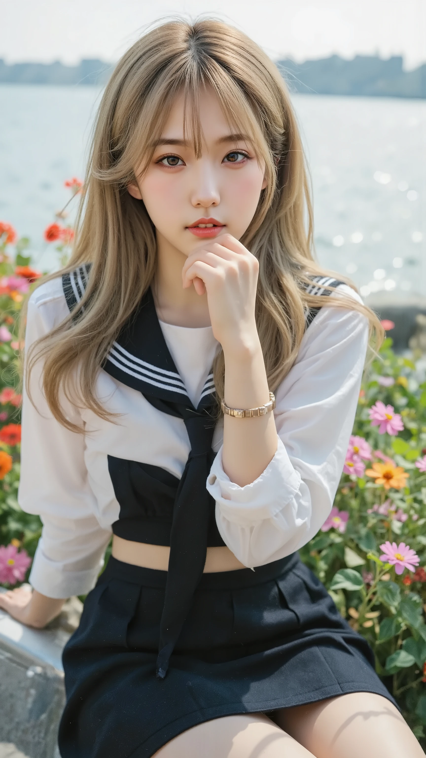 (((chest이 매우 무겁다))),NASSFY, 16k raw photo , Premium, masterpiece, ultra high resolution, (( She is wearing beautiful, revealing red clothes ( High school sailor suit).
(Navy Sailor Collar :1.4),( white shirt:1.4),( navy pleated skirt:1.4),(navy ribbon:1.4))).movie, From the seat,(( attractive appearance)),Sparkling eyes 、 Viewer , natural skin texture chest이 매우 무겁다))),((( Metallic black ribbon around her neck))). star-shaped handle 、(( yellow eyes)), realistic eye and face details, lip, lipstick Makeup), natural skin texture very big chest , laugh, Beautiful feet, tall woman, (( Glowing Skin)),((Beautiful side)), very few_feet, 큰 chest, chest, Beautiful natural scenery, beautiful flower garden 、( detailed background , Very visible , 큰 chest, blurry background,, JK ribbon on neck, , GOLD, bracelet, water, bangs, photorealistic 、side、 show me a beautiful hip line、 Glowing Skin、(((Sparkling eyes brightly))), lotion skin 、 high bridge、(( black hair)), Very visible 、 pink luxury fur coat、beautiful ocean background、 wind effect 、