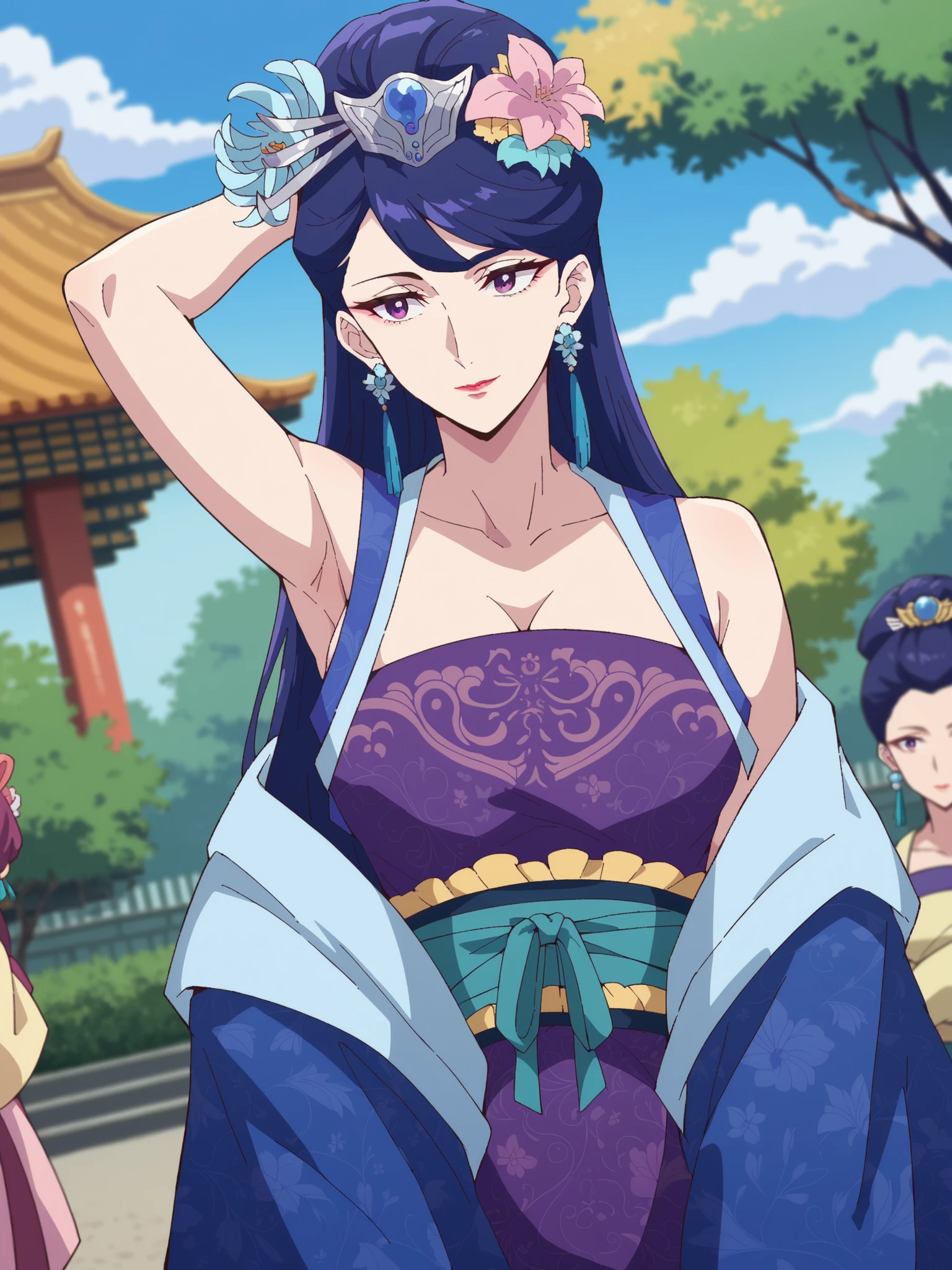 top quality, masterpiece,staring at viewers,sleeveless top with p,Pregnant women,armpits,Pear Blossom,Every Single Person at the Drugstore,long hair, purple eyes, purple hair, flower, earrings, hair flower, makeover, lipstick,Chest, Jewelry, Chinese clothing, Hanfu,Outdoors, garden, bend their hips, smile,viewers on my mom, Dutch angle, cowboy shot