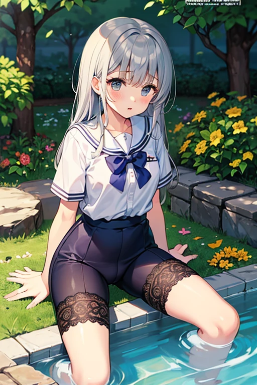 (masterpiece:1.2, best quality,top quality), (imagem real, detalhes intrincados), 1lady, solo, sitting down, showing legs, showing feet,showing solo,middle hair,high ponytail,minimal makeup, tecidos naturais,face close-up,smile, cara travessa, (feet on camera),white hair, claros, franja, franja na testa,blue pupils,sailor dress,white leggings,saia plissada,middle breast,mature body, face madura, detailed face, correct anatomy of the foot, anatomy of the feet, sexy foot,sweaty,water drops, feet pointing at the viewer,foot,detailed feet, correct anatomy of the foot,