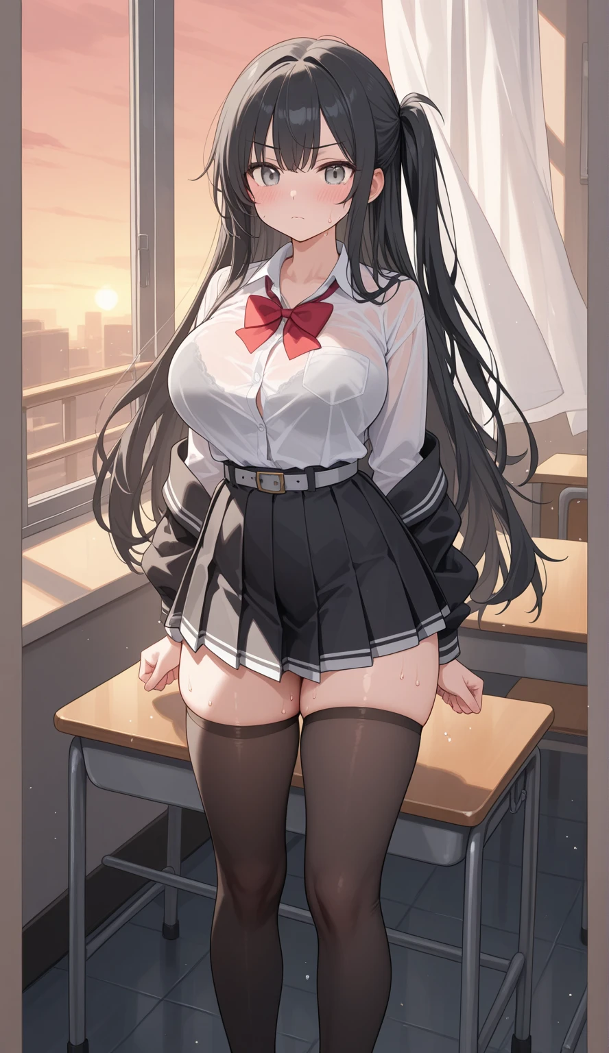 ((((highest quality)))), (((Ultra-precision CG 16K))), (((masterpiece))), (((Very detailed))), (((Extremely detailed))), (((Black outline:1.3, Written boundary depth:1.3 , Written soft outline))), Maximum clarity and sharpness,Multilayer Texture, Surface Shading, Cinematic lighting, Beautiful details sparkle ,Perfect Proportions, Limited to three woman, BREAK accurate, Anatomically correct, Highly detailed face and skin texture, drawn in detail, Highly detailed facial and skin texture, Detailed eyes, beautiful hair, Beautiful Japanese Idol face, Beautiful and beautiful eyes, Beautiful body, Beautiful breasts, Beautiful thighs, Beautiful legs, Beautiful fingers, (Beautiful views) , skinny body, ((Beautiful Skin)), ((Skin Texture)) , solo, limited one girl BREAK breast enlarged, medium Breasts, rocket breasts, (((perky breasts))), ((covered nipples)), slender waist, (smiling , narrow eyes, brown eyes, blush, determined expression, hot, sweaty , Heavy breathing,) BREAK ((streaked hair, hair intakes, colored inner hair, several hairstyles )) BREAK (((wearing oversized character printed tank top, wearing Jersey in a casual way, wearing pleats mini-skirt , breasts is covered by outfit))) , wearing earrings, BREAK ((Leaning back in the chair:1.3) , Stretching-upwards:1.3, stick breast out, cross legs),((( a woman in the office room, holding your knees and sitting chair in the office, looking at display, closeup face, from front , from below ))),