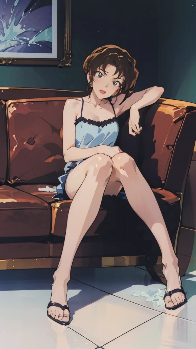 bulma, short hair, aquamarine hair, bob cut, hits, blue eyes, 1 girl, Alone, bare shoulders, Strapless, belt, medium chest, Red shirt, red mini skirt, wristwatch, Sitting on a sofa, seductive smile, Whole body, bare legs with red heels, crossed legs