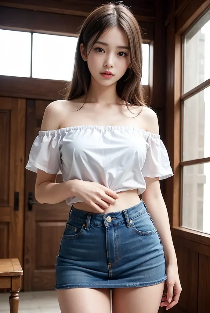 (from below), white off-shoulder blouse, black miniskirt, sitting on a chair, Korean female fashion model, (best quality, 4k, 8k, highres, masterpiece:1.2), ultra-detailed, (realistic, photorealistic, photo-realistic:1.37)
