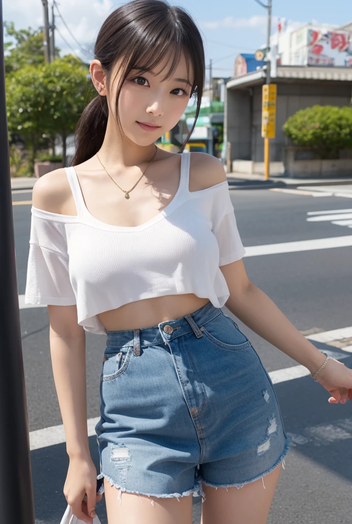 ((Best high quality:1.2)), (8k), extremely detailed, ((High detail:1.2)), (HotLexi woman), Solo, ((24 years old Korean Ulzzang female)), (mini-shorts, cropped strapless),