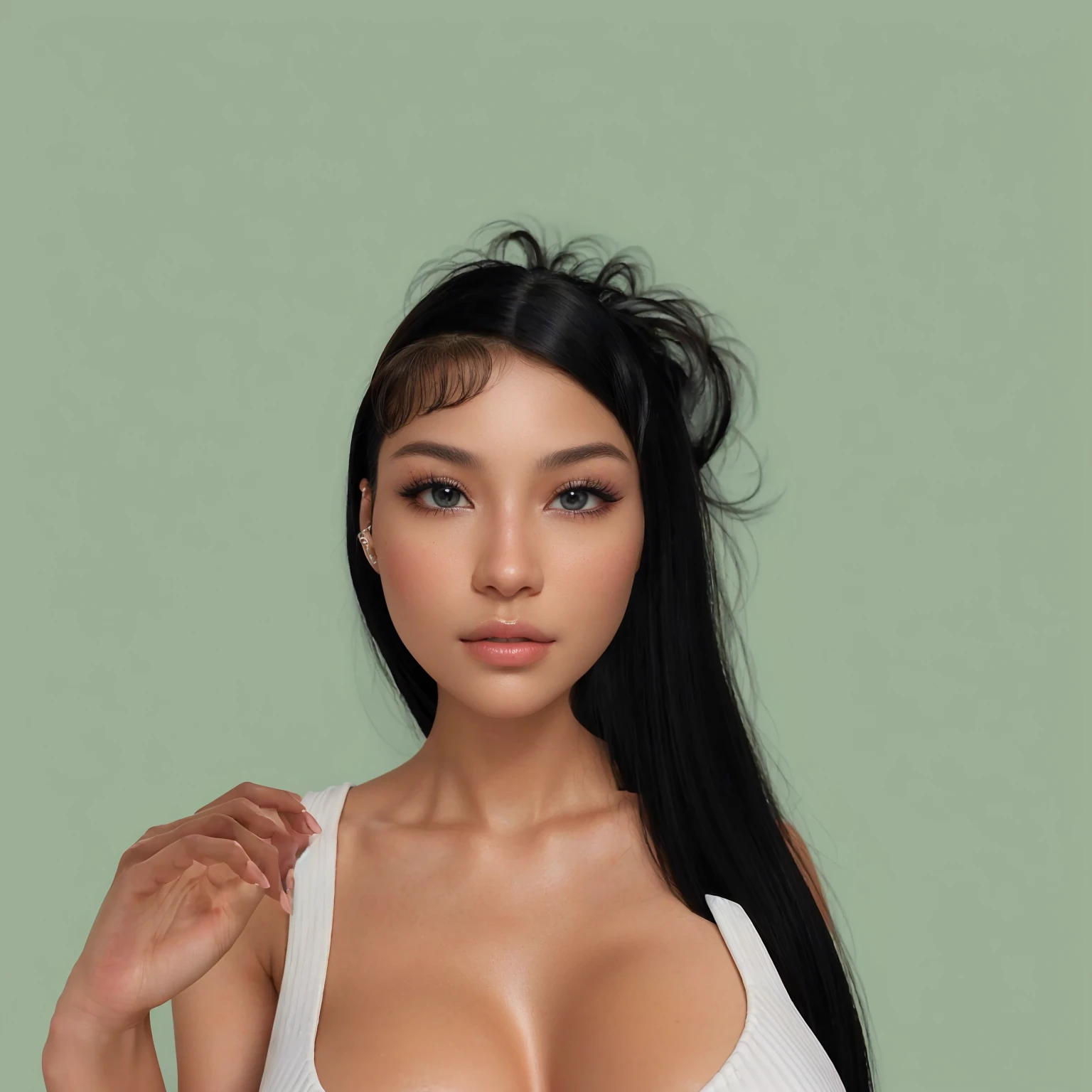 a close up of a woman with a very big breast posing for a picture, star trek asian woman, revealing clothes, she has black hair with bangs, side boob, wears a egyptian ankh necklace, black hime cut hair, sie boob, sultry smirk, revealing, revealing outfit, cleavage, her black hair is a long curly, asian female