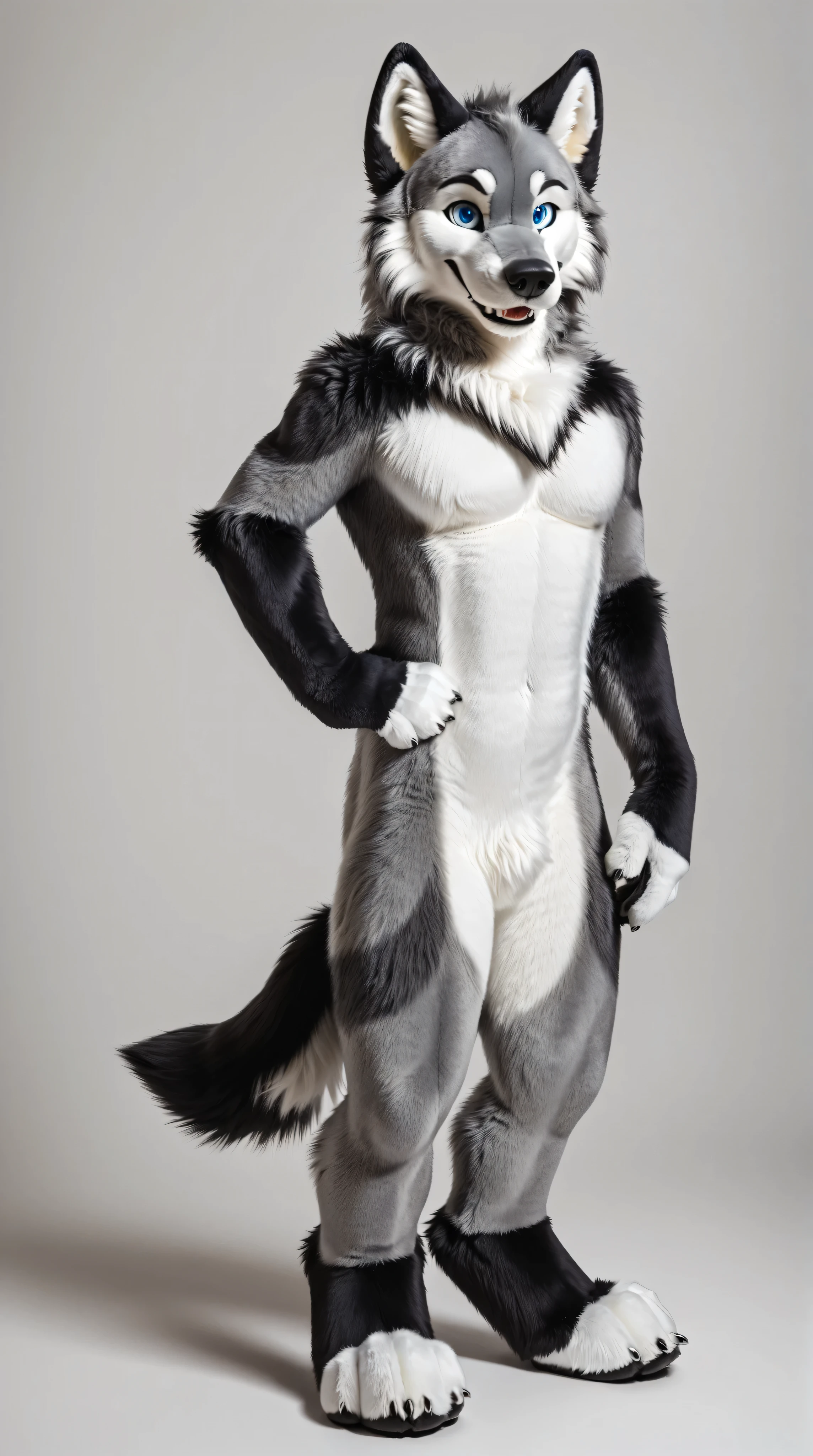 full body, fursuit, male, grey, grey limbs wolf, blue eyes, plain background