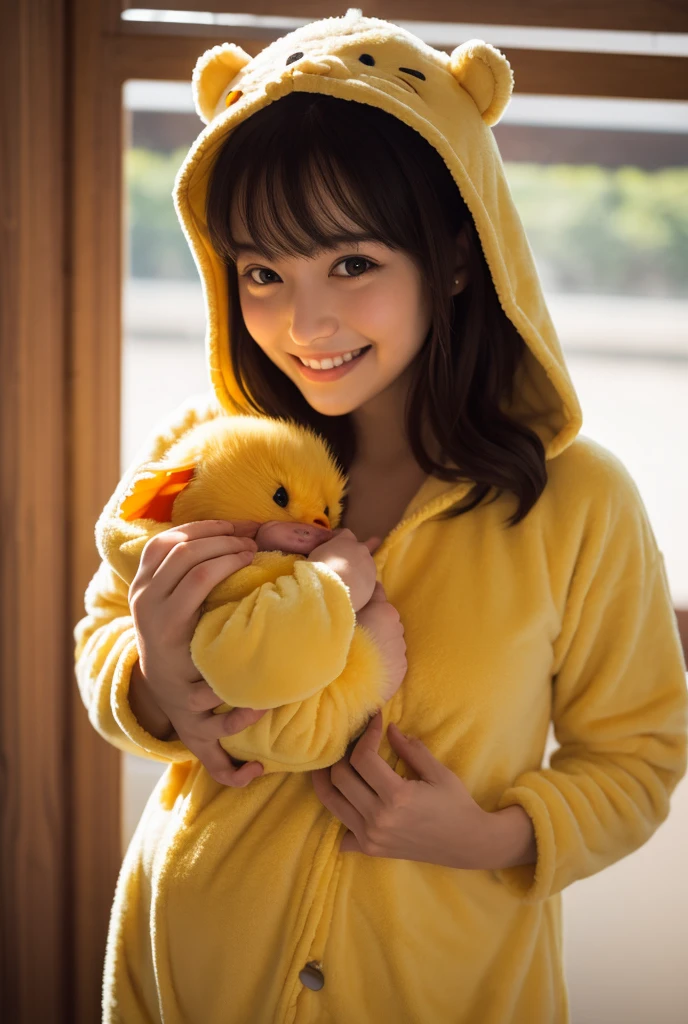 (medium full shot) of (vivacious young woman:1.1), mexican with dark hair, brown eyes, medium skin tone, medium build,             wearing Yellow chicken costume with fuzzy wings, chicken head hood, yellow leggings, yellow slippers, smiling at the viewer,  .set in  public Toilet, Vintage charm, retro tile flooring, brass fixtures, wooden partitions between stalls, framed artwork on the walls, decorative vase with fresh flowers on the sink counter , at sunset. ,Masterpiece,best quality, photorealistic, amazing quality, very aesthetic, extremely detailed face,