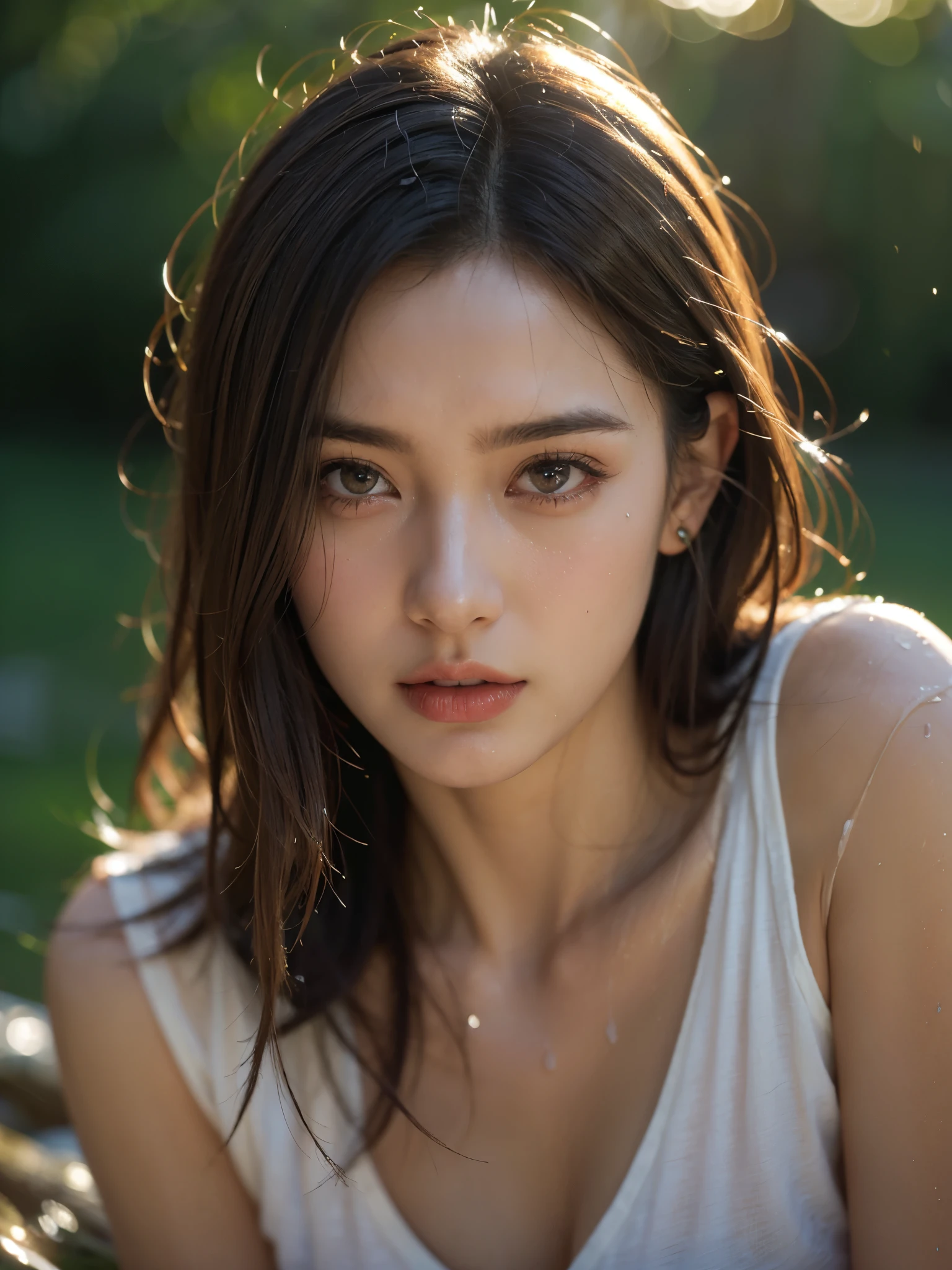 A woman wearing a striped long maxi dress, the dress is wet and soaked through, plastered tightly to her skin, high detailed, photorealistic, cinematic lighting, dramatic, mystical, moody, atmospheric, glowing skin, detailed facial features, detailed hair, beautiful detailed eyes, beautiful detailed lips, extremely detailed eyes and face, long eyelashes, dramatic camera angle, golden hour lighting, depth of field