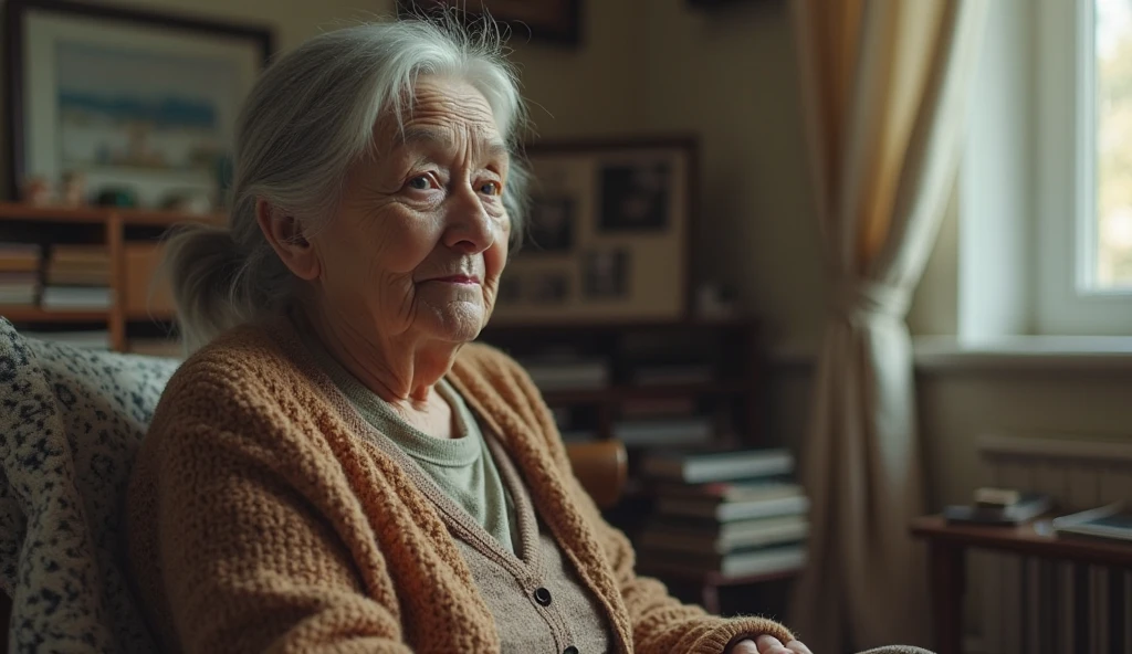 Medium shot of a 50-year-old woman crying. sitting on a chair. All with a somber aesthetic and a 1960s setting



