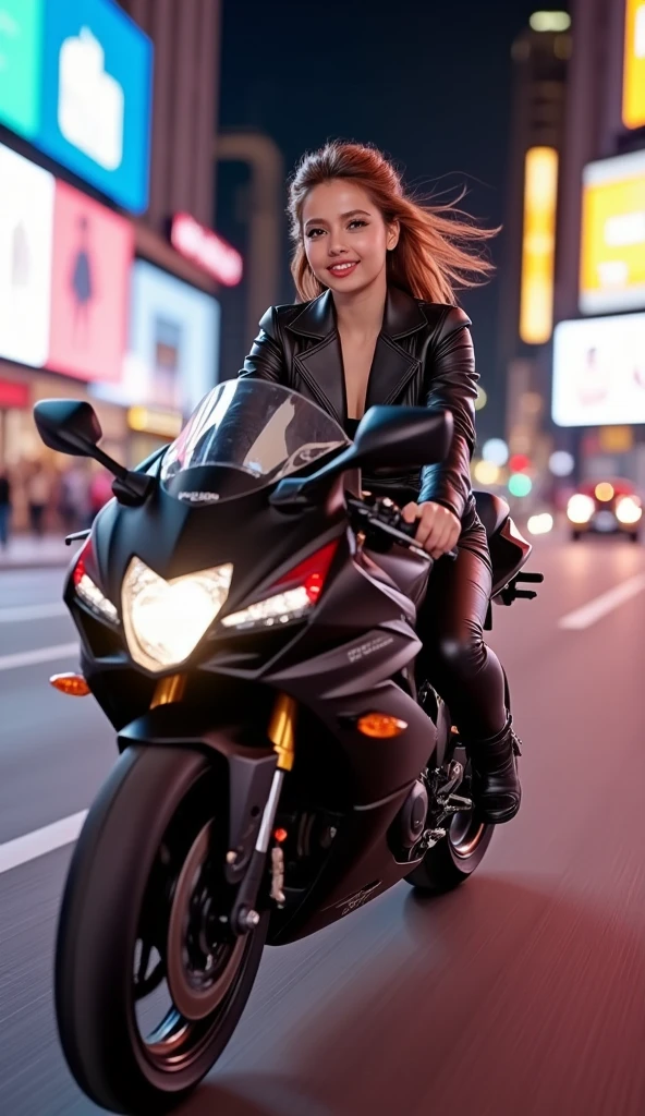 (Ultra-detailed eyes), (((textile shading))), (((Best Quality))), (((materpiece))), (((Ultra-detailed CG))), sassy girl, (((magical ))), (), (tiny chest), long black hair, ((waving by winds, gorgeous hair)), brown eyes, (((biker girl, leather jacket, black bra inside, y2k ripped shorts))), ((striking a pose)), (((Game CG)) (gorgeous, sassy, it girl),neon lights,vibrant colors,night scene, gritty atmosphere,4K. cinematic nighttime japan metro scenery, beauty 18 years red-hair japan girl riding fast her cool design big black silver matte full modification cool racing sporty bike, fast velocity shoot, wearing face-seen helmet, show cool smile intense expression, wearing red-black sukajan satin jacket, very short pants & rider boots, street intercept, bike manouvre, action scene, light trail, dynamic perpective, hyper realistic, riding gesture, taken with Fujifilm XF 56mm f/1.2 R Lens. HDR10 8K, perfect anatomy & correct anatomically hand & fingers