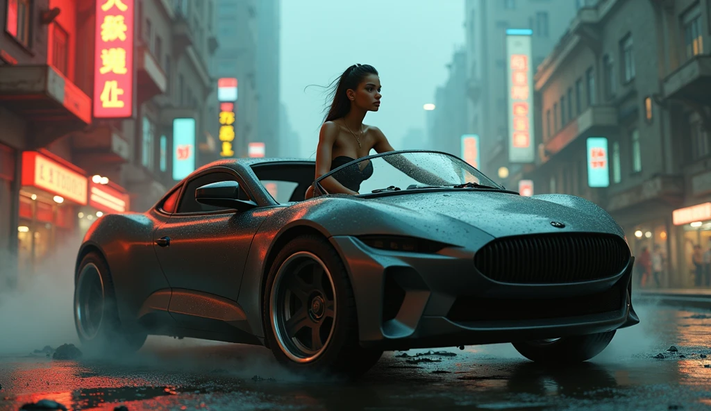 (Hyper-realistic photograph:1.4), Captivating scene under the rain at night on a rooftop, year 1937 cars on street, flying cars, a sexy slim woman, large breast cleavage, with short brown hair, three-quarters view, Black trench coat, (black sunglasses, holding a short gun), with a dark rainy city landscape in background, blue eyes, photography style, (half-body shot:1.3), (contemplative expression:1.2),(well-lit:1.2) Extremely Realistic, serendipity art, (sharp focus:1.3), intricate details, highly detailed, by God himself, original shot, masterpiece, detailed and intricate, Movie Still, guttojugg1