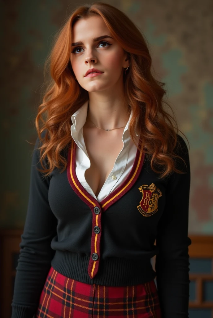 Woman resembling Emma Watson in her character as Hermione Granger, dressed in the Hogwarts uniform. Lifting her skirt and blouse. Show the vulva the bare breasts. Open legs showing the vulva in the foreground