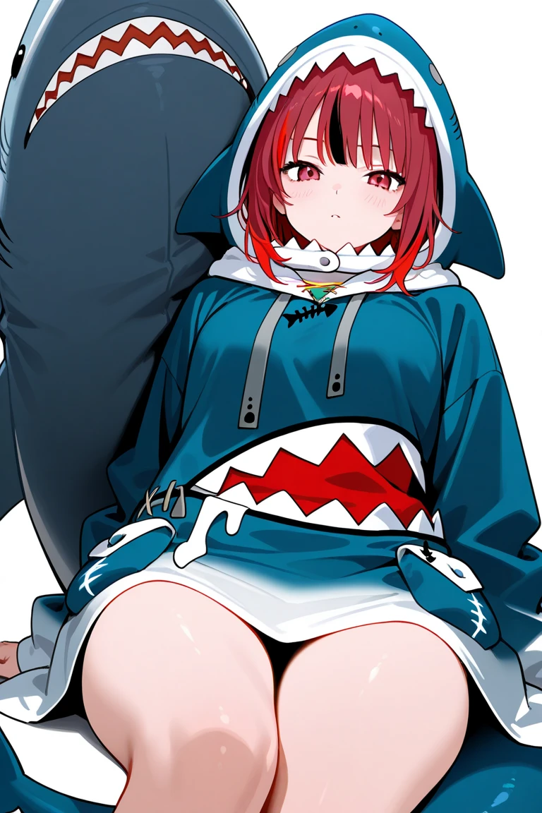 Ellen joe, red_eyes, short_hair, black_hair, red_hair, colored_inner_hair, medium_breasts, mole_under_eye, fish_tail, x_hair_ornament, Big tits, Big Breasts, nude, red gag, Blushing, frowning, Bondage and BDSM, Whole body, kneeling position on the floor, Arms tied behind back, facing forward, saliva, drooling, excessive saliva, pussy vibrators, Takate Kote, Panting, ((Blindfolded eye, Blindfold around the head, Bandage around the head )), Nipple piercing, Sideways movement effect, Clothes thrown to one side,