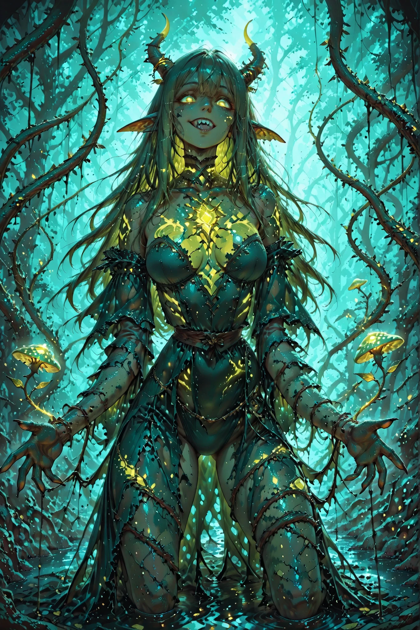 ((masterpiece, best quality, amazing quality, hyper-detailed)), (absurd, very aesthetic), (hyper-detailed background, lighting), (1girl, tall, hauntingly beautiful swamp monster, female form, emerald glowing eyes, moss-covered skin, long tangled wet hair with vines, dangerous smile, sharp claws dripping with mist, bioluminescent patterns across her body, webbed fingers, gills on her neck, eerie green glow surrounding her, muddy and murky background, twisted trees and fog, dripping vines from horns, decayed yet elegant swamp armor, amphibious texture, sharp teeth glinting faintly, glowing mushrooms growing along her limbs, mysterious aura, waterlogged and decaying regal presence, queen of the deep swamp, menacing yet hypnotic gaze, detailed image, detailed picture,