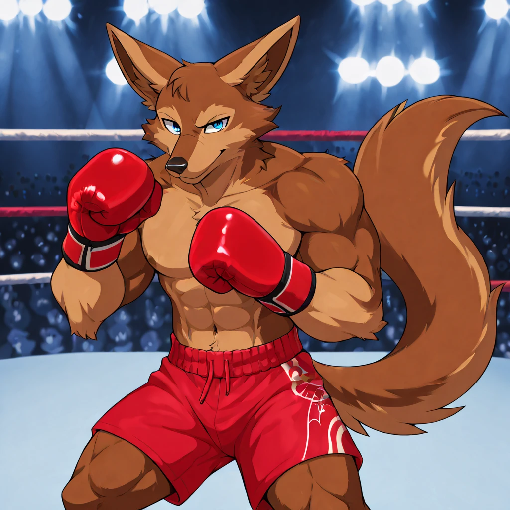 Spam O’Brien the male anthro fox, boxing shorts, boots, fight pose, full body view