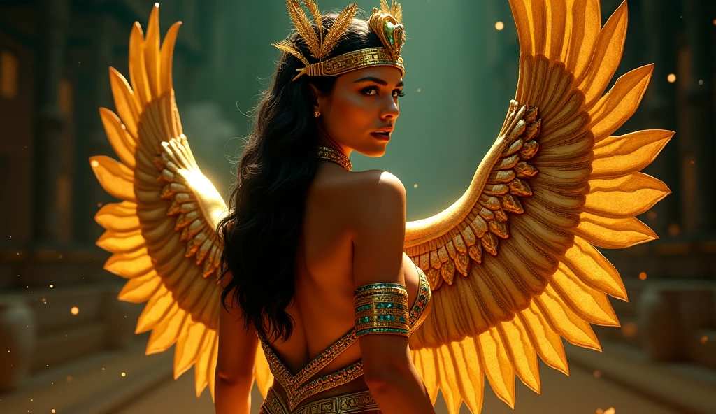 BEYONCÉ AS Isis the Goddess of the Rainbow, Egyptian woman, feathered peacock wings, long flowing iridescent dress, standing on the edge of the Nile River, bright red eyes, cinematic eye textures, hyper focus on facial details, individual hair strands, beauty filter, illustration portrait of the masterpiece BREAK, clear sky after rain background, subsurface scattering, ray tracing, depth of field, bokeh, vivid colors, cinematic rigid lighting, realistic shadows,