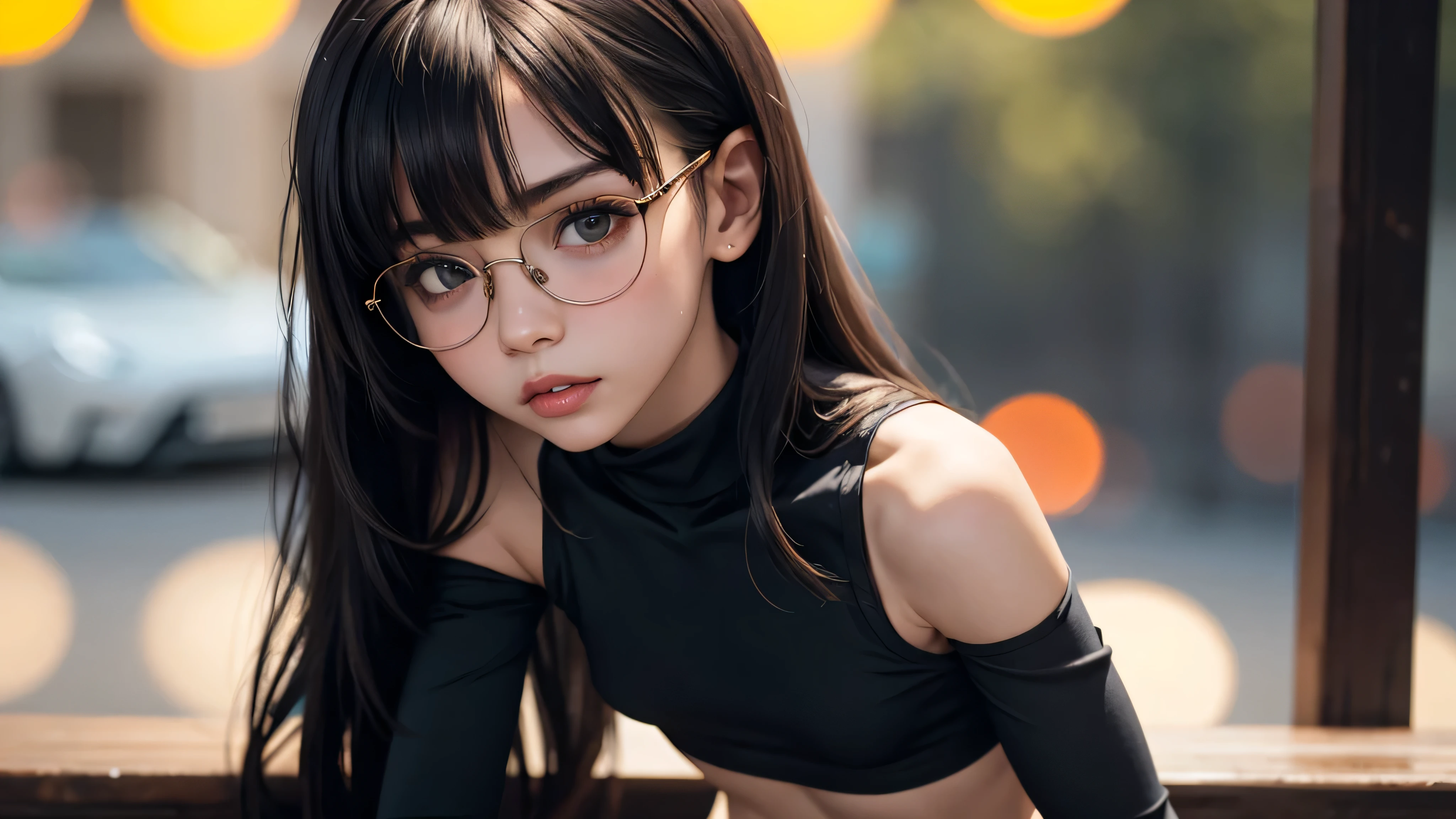 8k, masterpiece, RAW Photos, highest quality, Realistic, Highly detailed CG Unity 8k wallpaper, Written boundary depth, Cinematic Light, Ray Tracing,(Very beautiful face, Beautiful Lips, Beautiful Eyes), (dense beautiful skin) , One Girl, Very cute 14 year old Japanese girl, Always wears glasses, Very lean body、 body type、 Young Body, Young Face, Small breasts, Very small breasts, Very small, flat bust, 60cm AAA cup bust,Small Ass, Beautiful black long hair, Gold shiny latex catsuit,Shinjuku Okubo Park at night,Full body portrait