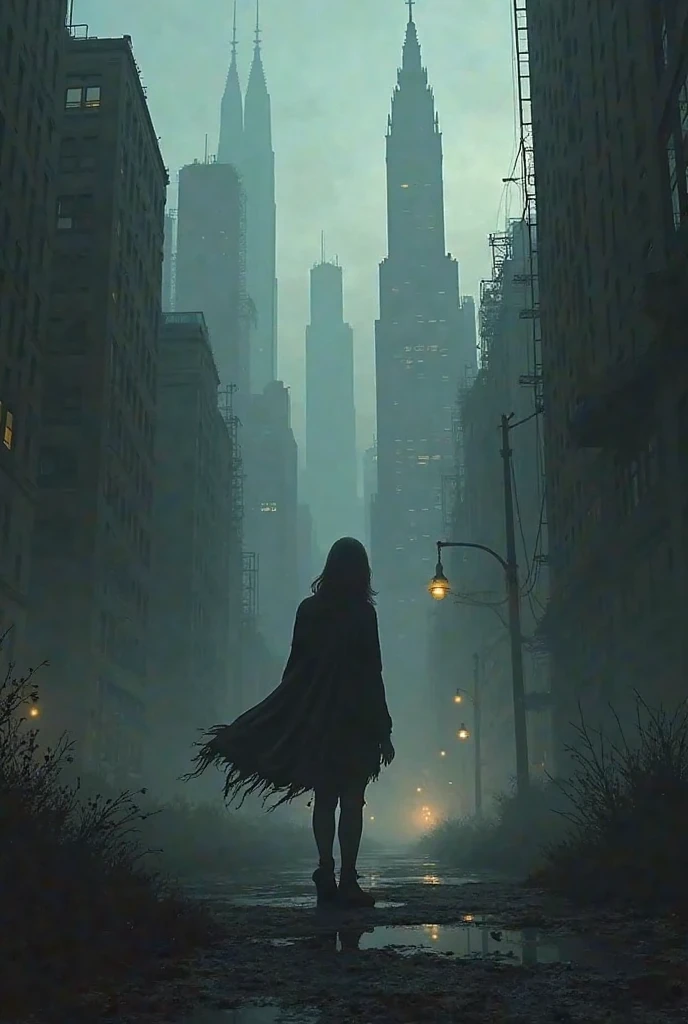 charcoal outline drawing, a girl encounters shadowy figures that represent her fears and regrets, otherworldly landscape. shrouded in darkness, reflection, Her form flickers, turning partially invisible, creating a haunting double exposure as she plummets, her expression a mix of fear and serenity against the backdrop of a fractured skyline