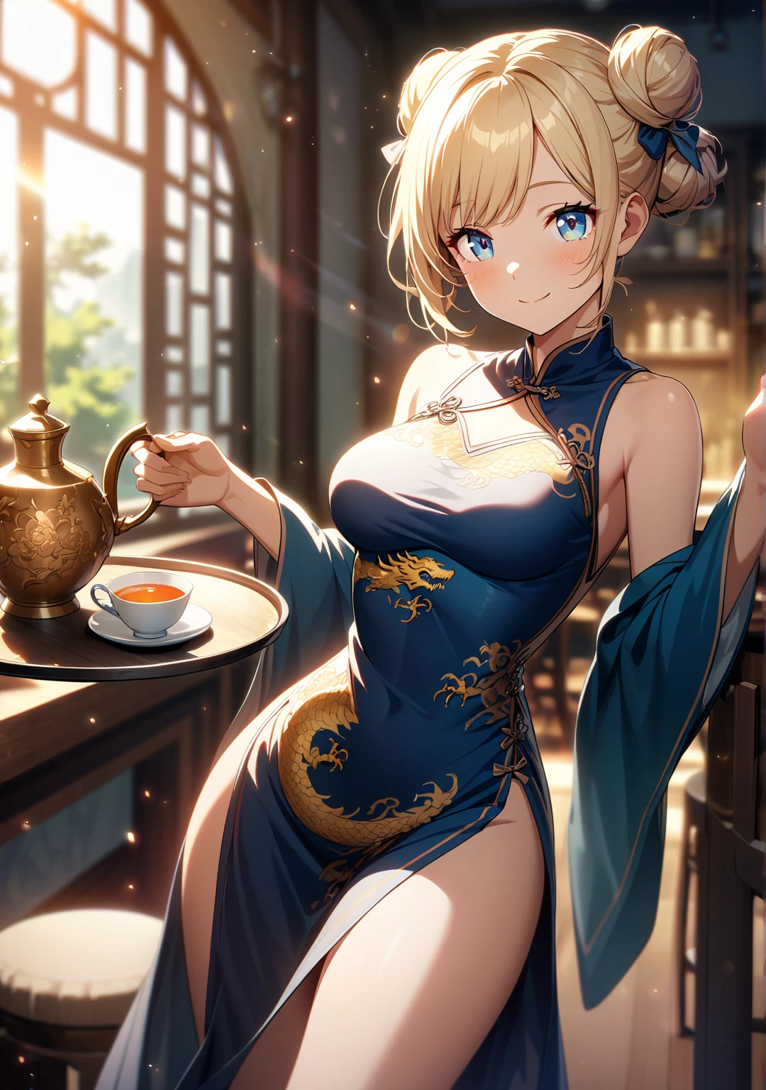 Please follow all prompts below exactly and faithfully. This is a breathtaking masterpiece of digital illustration, with maximum resolution, UHD, 512K, 2160p, 10 million ppi, 300 million dpi, natural color tones, ultra sharp details, perfect outlines with contrast, **most realistic skin and hair textures**, most beautiful detailed eye features, perfect anatomically correct human body, beautiful background with depth, rule of thirds, depth of field, Maximize all element is used to its full potential to create the best digital illustrations, looking back, from behind, 1woman, sexy:1.5, beautiful face sharp, elegant woman, perfect body style, slender, beautiful big breasts, green eyes, blonde hair, hair over one eye, short hair, glossy very thick lips:0.7, pink lipstick:0.7, smile, (Chinese clothes:1.5), ultra miniskirt:1.3, neckless:1.5, earring, bracelet, (open cafe:1.5),
