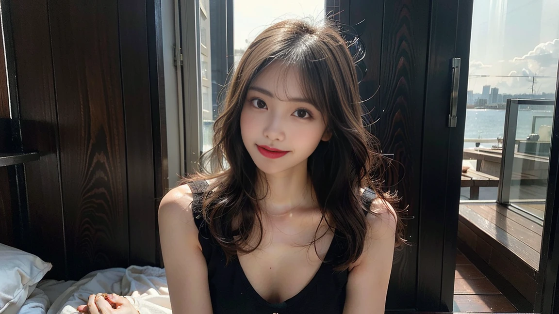 blush a little and smile, (Top quality masterpiece:1.2) Delicate illustrations, Very detailed, /Beautiful Japanese Woman、1 person,Very cute and slim、Great style 、((8k images、super high quality))、Very delicate face, Big Breasts、Skin and Hair、beautifule forehead、Red lipstick、(((((Mid-length hair、Blonde、lure))))),Very cute Japanese cut face、Eyes and nose are clearly visible、Kind eyes,((((Black sleeveless fashion))))