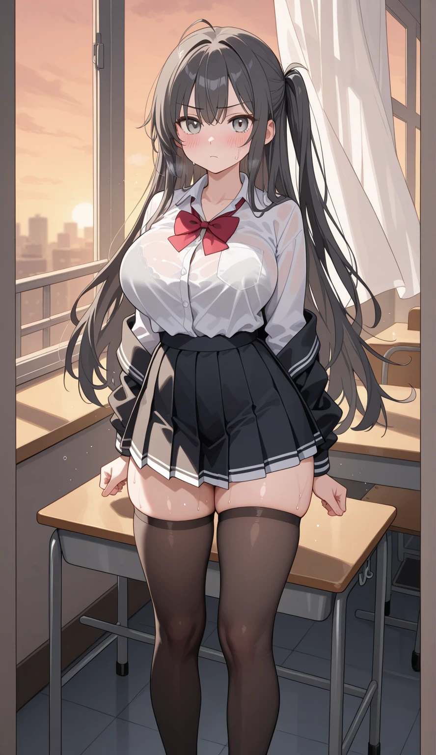 Highest quality, Tabletop, Portraiture, , One Girl, Kotegawa Yui, Black Hair, Long Hair, Long Bangs, Brown eyes, Yellow uniform, Pleated skirt, Crude room, View your viewers, smile, From below, mini skirt, White panties, (Big Breasts:1.2),