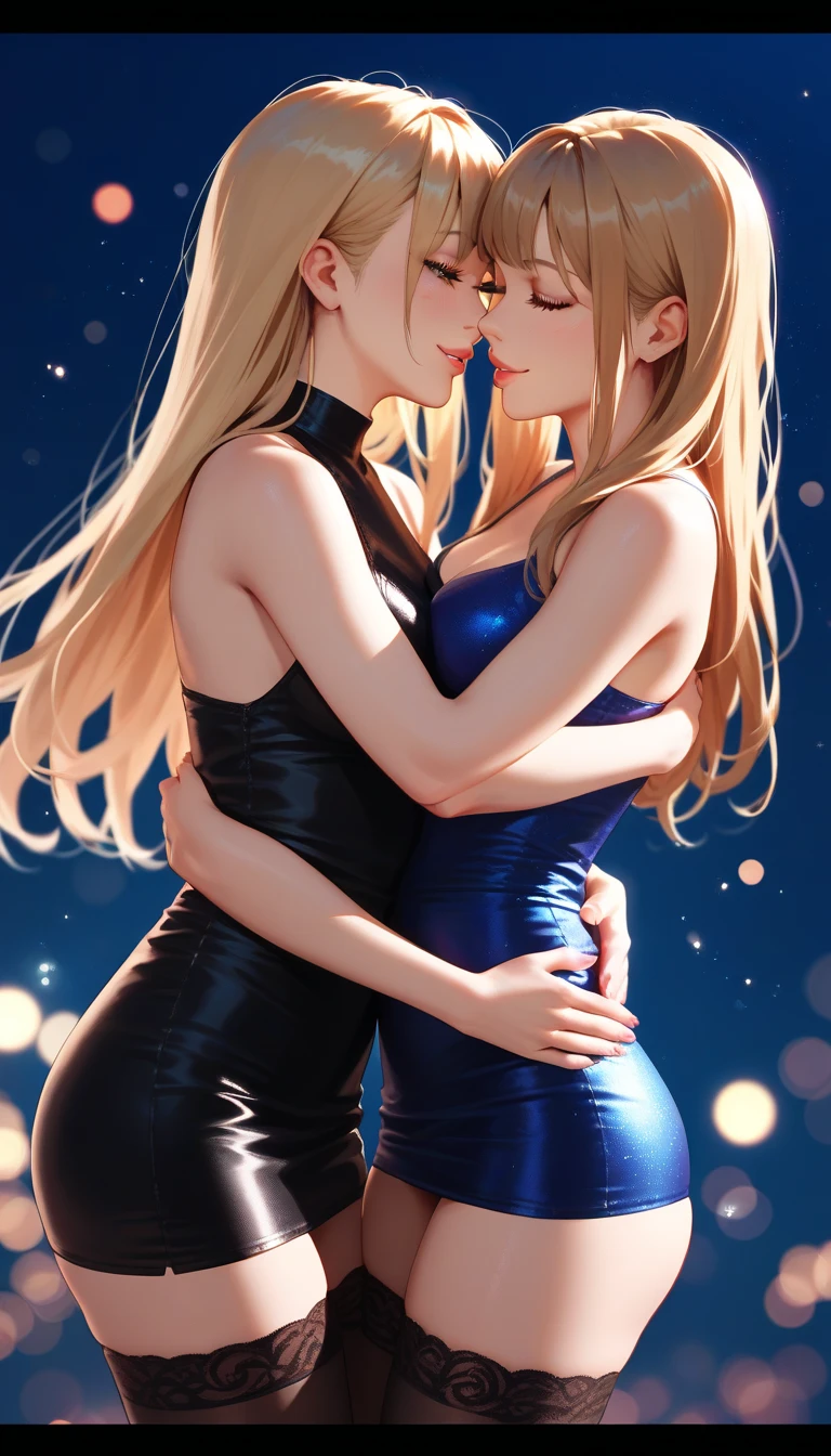 (masterpiece, Highest quality, 8k, Sharp focus, Depth of written boundary, Best Shadow, Perfect lighting, High resolution, Realistic skin texture, ultra-detailed background, detailed), Anime Style, Two women kissing (One of them has green eyes., White skin, Black hair ponytail, choker, Small breasts, slim, compensate, eyeliner, Glitter), (The other woman is blonde.), At the nightclub, Cyberpunk Theme, Cyberpunk City.