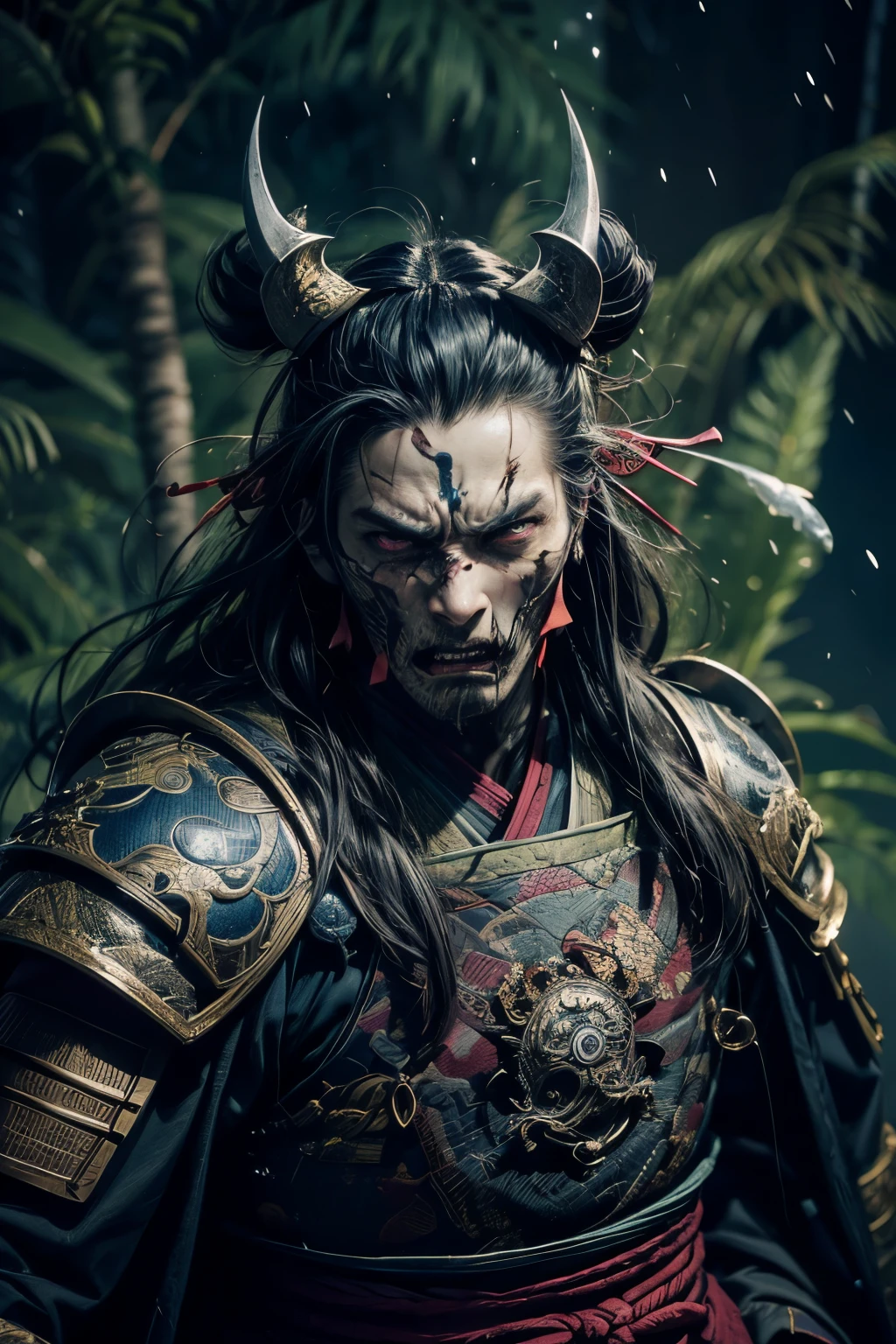 Two men in armor standing next to each other, portrait of a Cyberpunk Samurai, portrait of a robot shaman, very beautiful Cyberpunk Samurai, Cyberpunk Chinese Ancient Castle, Cinematic. Ren Jun, Ancient warriors, Mysterious Post-Apocalyptic Cyborg, Cyberpunk Samurai, Detailed and intricate ornate armor, Chinese Armor, samurai portrait, Detailed bushido shaped smoke, portrait of male humanoid、face、fog、Drift、cloud、Flowing、dim、Highest quality、8k
