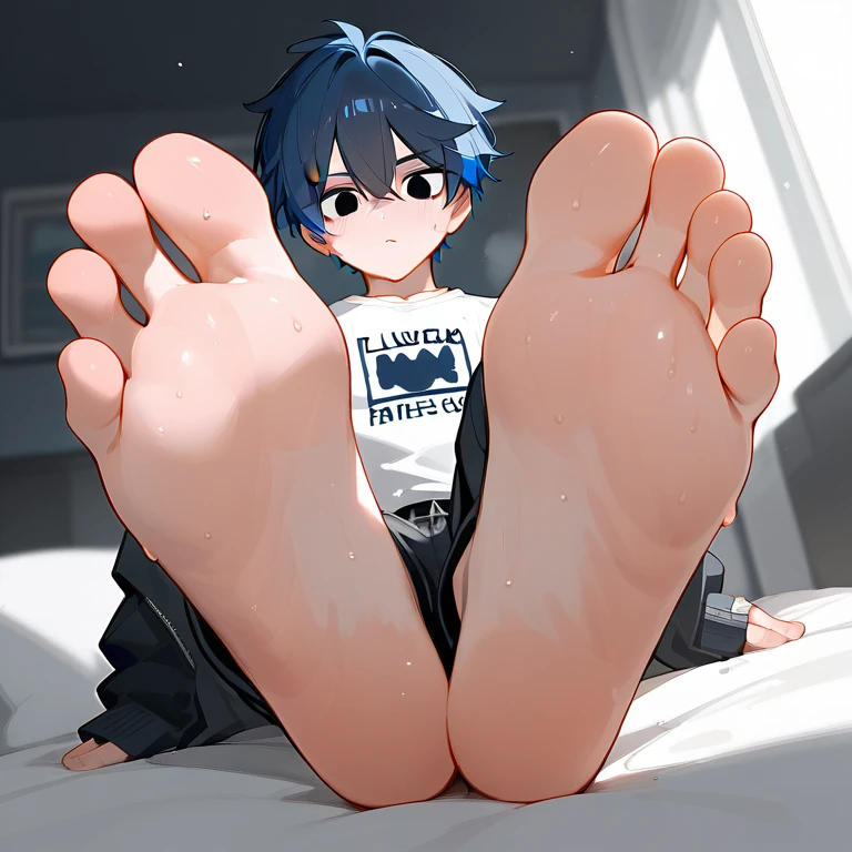wallpaper,A cute boy showing his feet,leg,Two feet,sit on the chair,Foot Focus,look down,black eyes,barefoot,Blue Hair,There are bangs between the eyes, Blue unicorn,black eyes,White T-shirt,Black jacket,Black pants,Sweating on the soles of the feet,Anatomically correct, best quality,Sitting on another man,Bilateral symmetry, perspective,