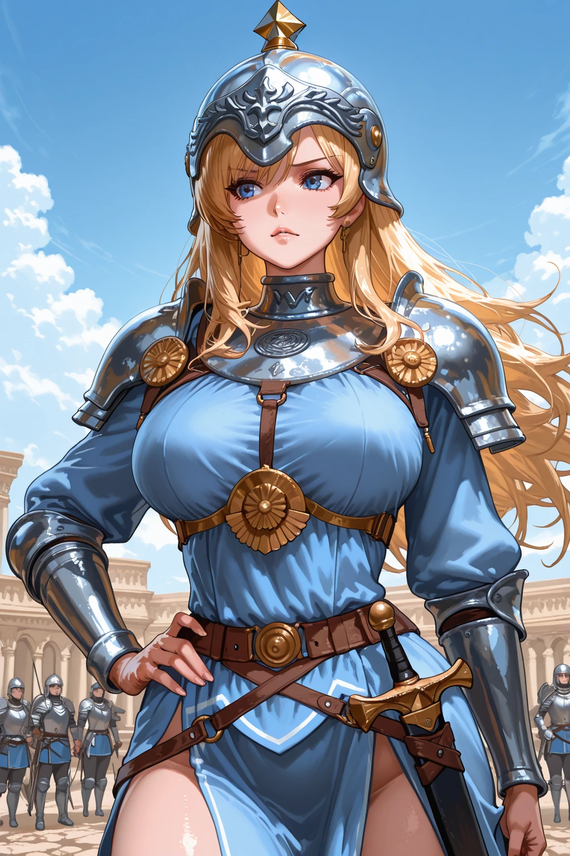 beautiful, A hot and warlike mature woman in her forties with golden hair, blue eyes, and large breasts, fully clad in closed armor with a crown on her head, wielding a sword and shield.