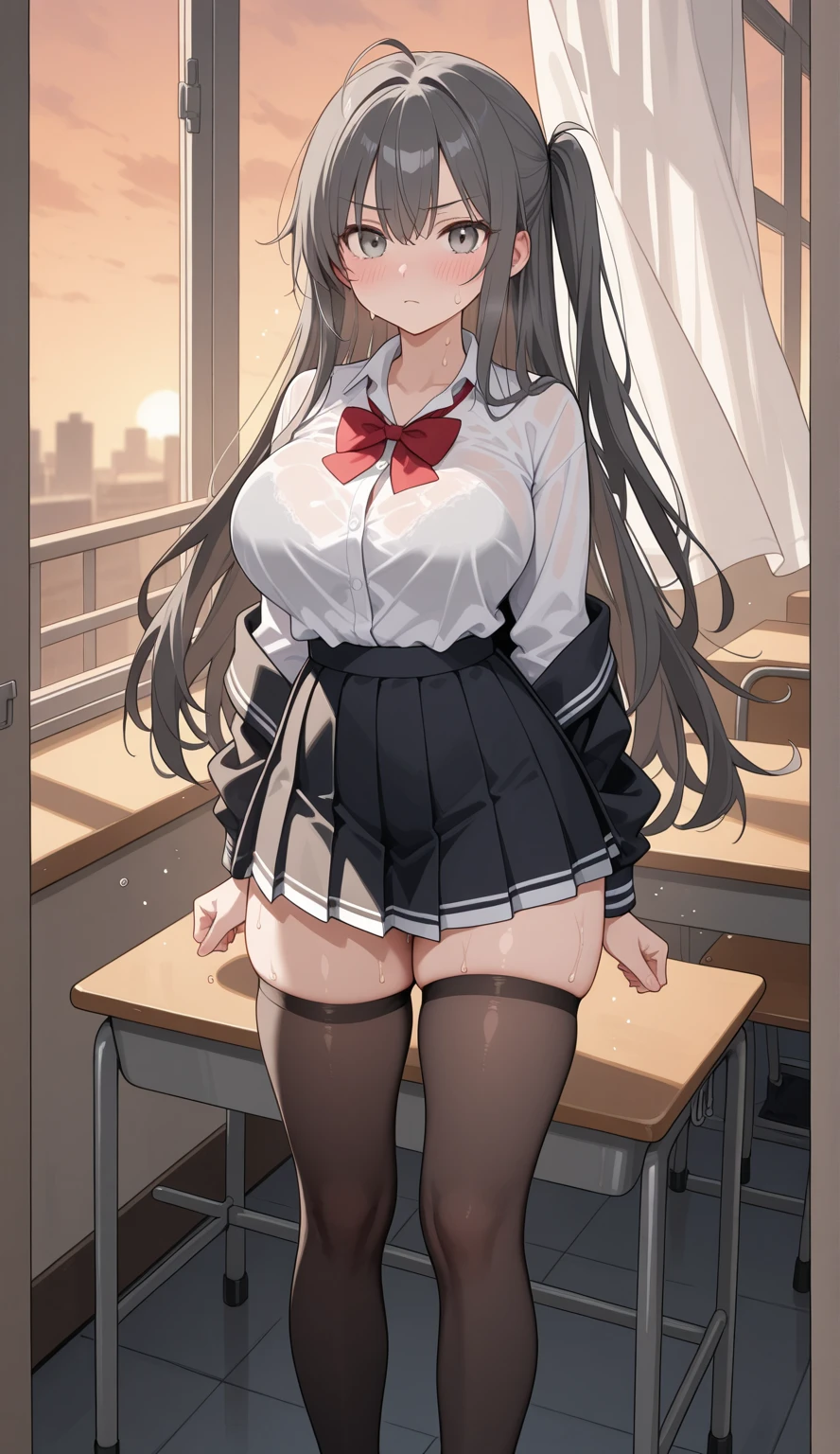 masterpiece, best quality, extremely detailed, anime, NSFW,woman , solo,brown hair, semi-long hair, ((very long skirt)), ((lift up skirt,pussy)), shyness, blushing,standing,in the classroom