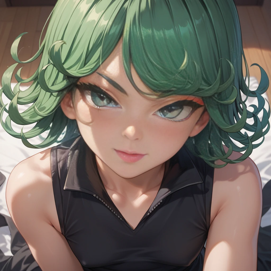 Tatsumaki, seeing the spectator face to face, with a seductive look,  with a blushed face , seen from above