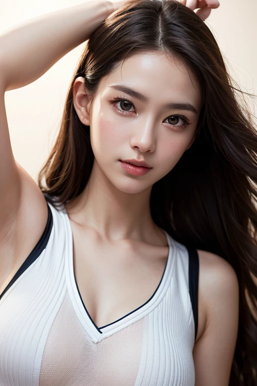 hot beautiful posing model, curly dark hair, dark blue eyes, fitness body --ar 16:9 -