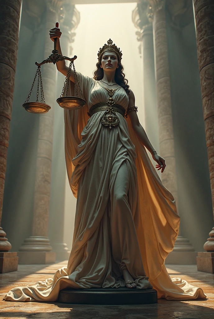 Create the goddess of justice, with the scales of justice tilted and the bandage on his eyes is stained with blood and sad 