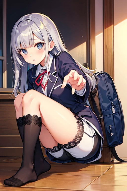 Cat-eared girl, Grey checked mini skirt,blazer,Black knee socks,Silver Hair,Spread your legs wide, nsfw,Masturbation, Upturned ahegao face,Squirting,Showing off her chest
