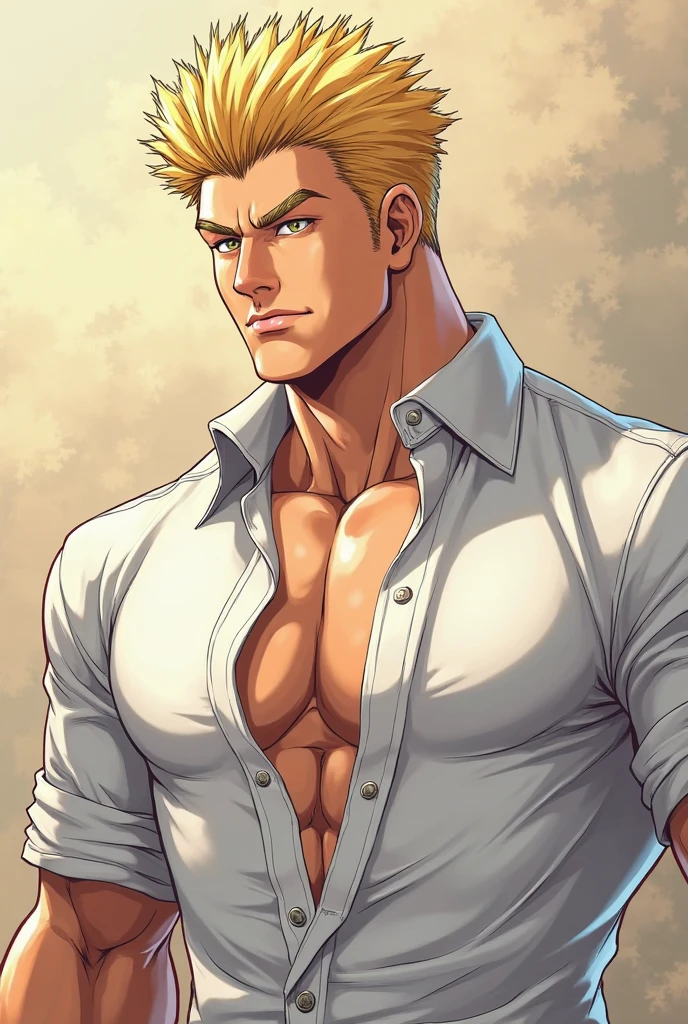 Draw and adult white man, beaded, blonde, muscular, shirtless, hairy chest, flexing in the woods, confident