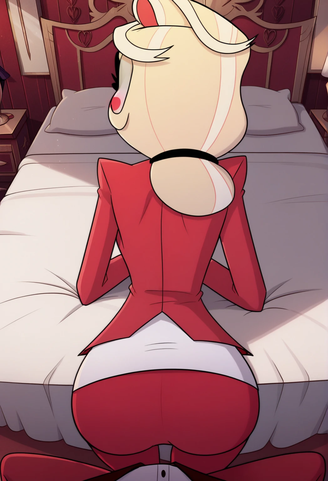 (masterpiece, best quality, vivid color, dinamic lighting, sharp focus , ultra-detailed),Charlie, POV zoom in on feet ,very low camera angle POV on floor looking up ,vampire fangs , POV near feet, low angle, POV from below feet , very detailed feet ,Capture the essence of dark allure and devilish elegance in a breathtaking masterpiece of anime artistry. Enter the world of Charlie Morning Star, a seductive villainess clad in red lingerie, adorned with horns and long fangs , and boasting a demon tail. With a commanding presence, she gazes down upon the viewer, exuding an aura of sinister charm. Her bare feet, delicately painted with black nail polish, extend with a tantalizing grace, embodying the essence of evil princesses and demon goddesses. This luxurious scene unfolds within the opulent confines of a high-end hotel room, where Charlie sits poised on the edge of the bed, her feet leisurely raised, inviting admiration. Through a meticulously detailed 4K rendering, every aspect of this demonic enchantress, from her sultry pose to the intricate details of her feet, is brought to life with unparalleled artistry. Experience the allure of the supernatural in a spellbinding composition that elevates the succubus archetype to new heights, enticing viewers with a mesmerizing blend of beauty and danger. thick cream on toes, focuse view on feet, small
