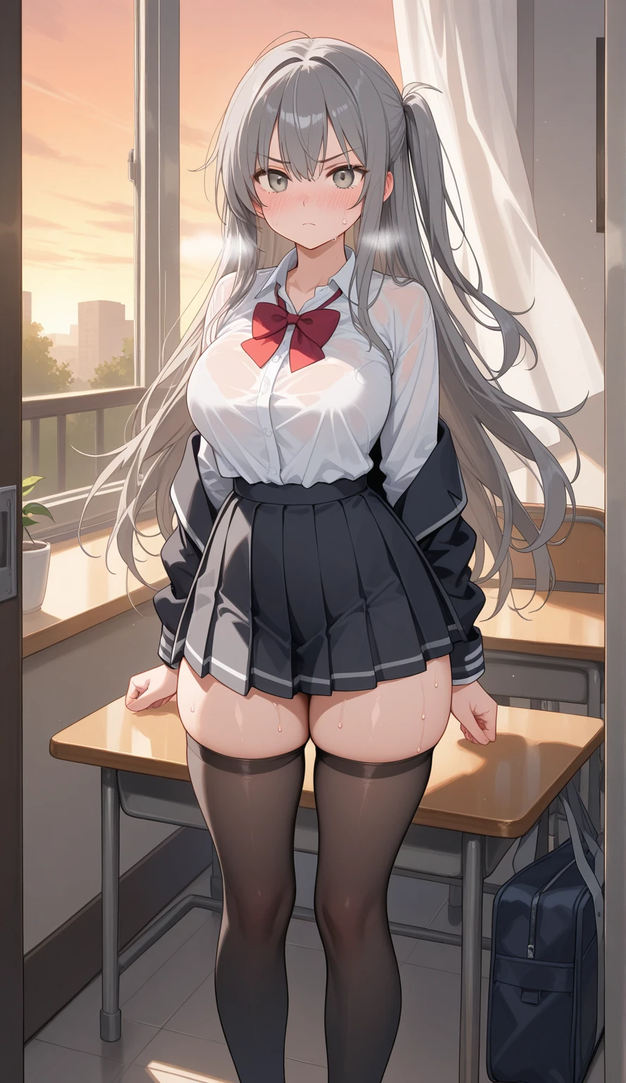 muste piece、masterpiece、highest quality、Super detailed、High resolution、8K portrait、High definition CG of Unity 8k wallpaper、cute type little:1.5、Lori:1.5、Highly detailed CG unity 8k wallpaper、Realistic、real person、 portrait photography、shiny skin、High definition、(:1.2)、(1 girl)、beautiful clear eyes、extremely detailed description、delicate face、nice lips、slender body、(thin waist)、thin legs、(school classroom:1.6)、1 girl, cute type, perfect face, seriously, (blush:1.8),(silver hair long hair:1.3),(midium breasts:1.2),(Boobs Topless 1.3),(I have nipples:1.2),((school uniform:1.3)),(black dress:1.1),(looking at view:1.2),(from front:1.2),gran,((cum in pussy:1.5))