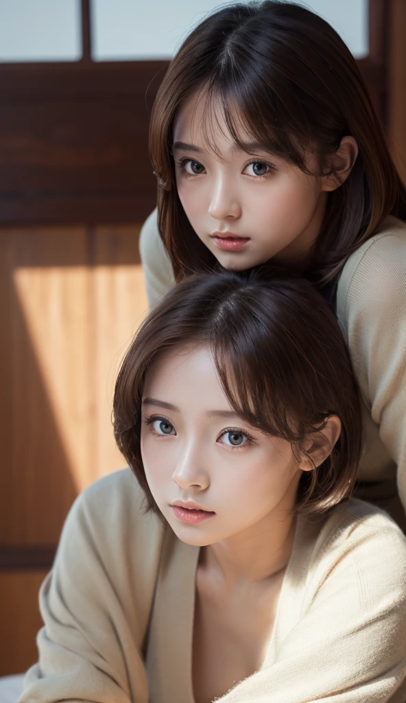 (top-quality、超A high resolution、8K、​masterpiece、realisitic、Photorealsitic)、Pretty Japan Woman、1 persons、Brown hair、The upper part of the body、close-up、From  above、Reading a book、Orange cardigan、Tea chinos、BREAK、(atlibrary:1.2)、daytime、Natural lighting