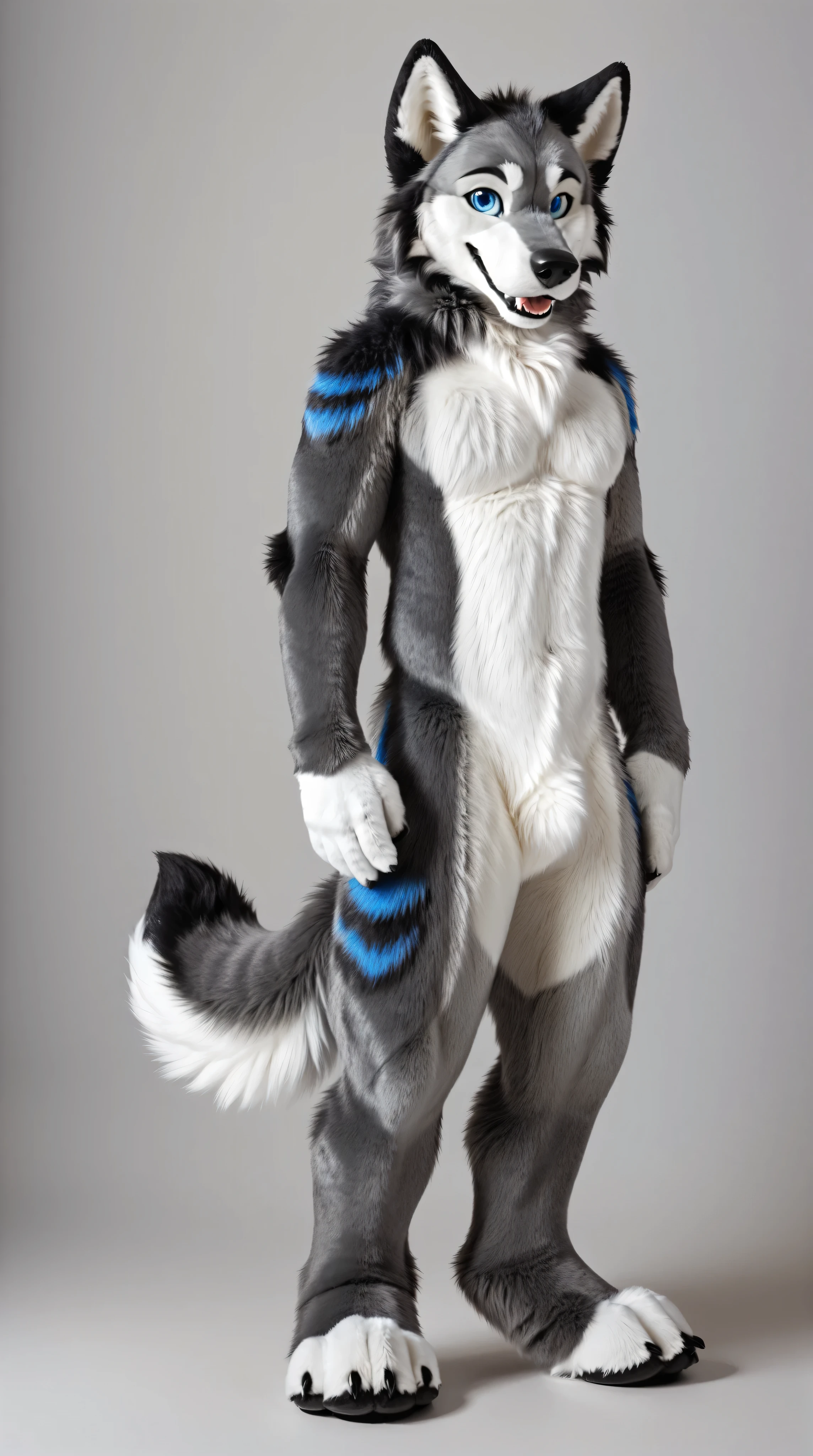 full body, fursuit, male, grey, grey limbs wolf, blue eyes, plain background