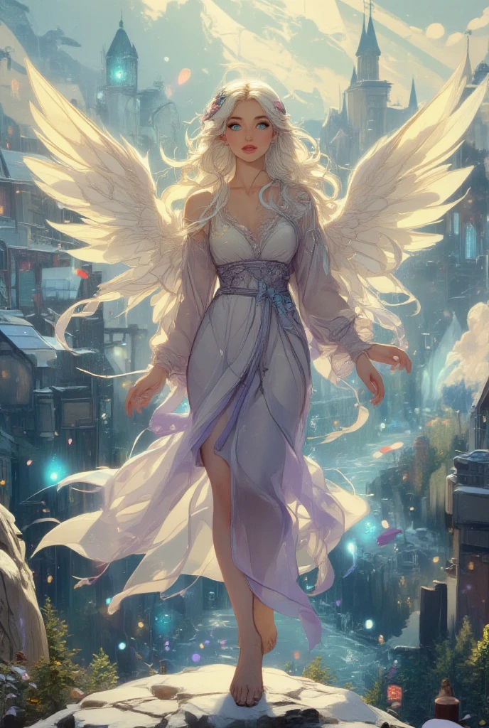 a beautiful 20 year old blonde woman with big messy hair laying on a cloud in the sky floating over a cityscape at night, twinkling stars and glowing moon, fantasy art style, rossdraws cartoon vibrant, cyberpunk, cute detailed digital art, colorfull digital fantasy art, digital fantasy art ), glossy digital painting, rossdraws pastel vibrant, rossdraws 2. 5, rossdraws 1. 0