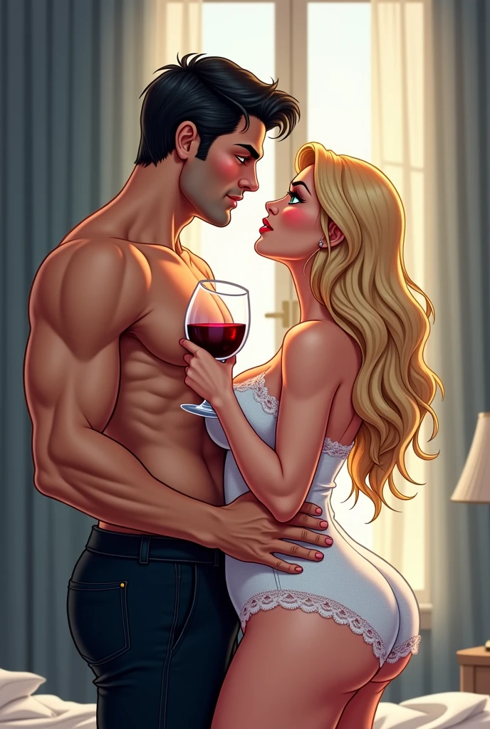 
create disney pixar cartoon style image of a blonde lying in bed,and he admired her standing beside the bed , she in red thong panties with her big breasts on display,hair blonde, green eyes and black glasses,she with beautiful body,  he&#39;s shirtless, normal build, only wearing black underwear, messy black hair with a black beard 