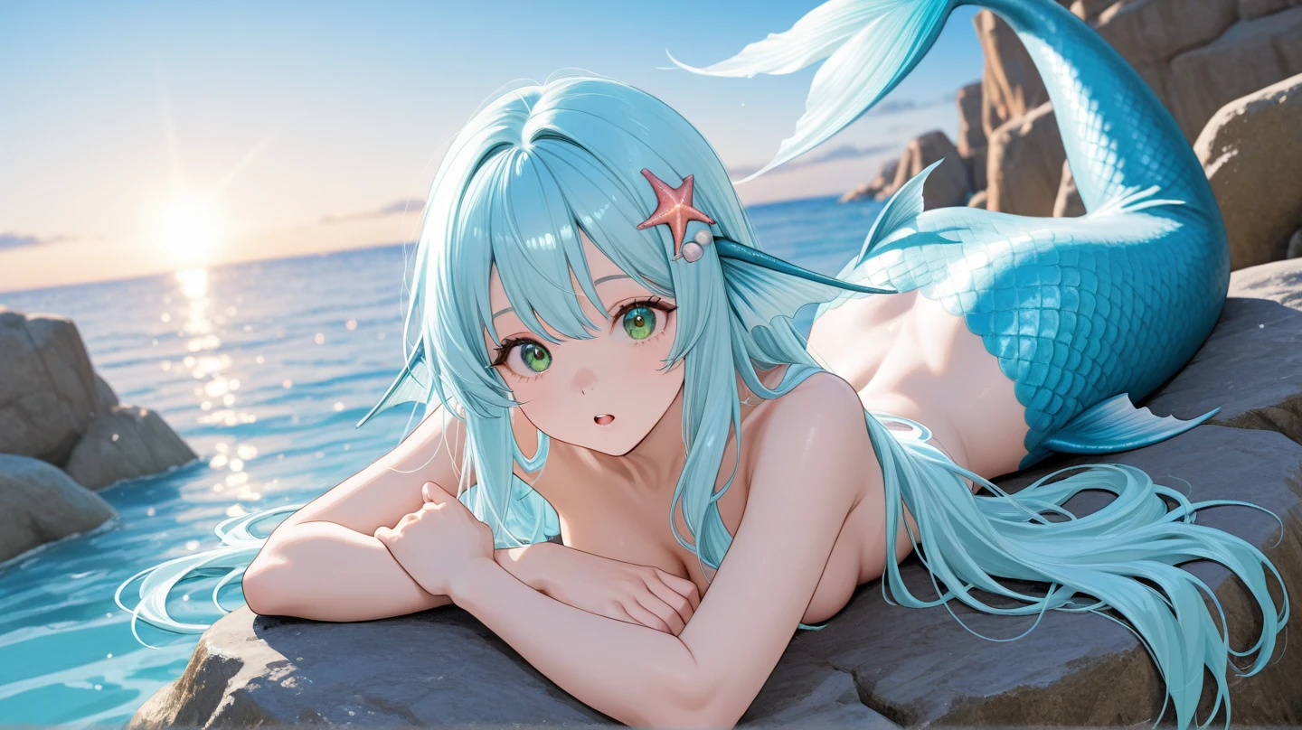 (((Solo))) Mermaid woman with very long DARK blue hair, ((emerald green eyes)), ((wearing a white top made out of seashells), masterpiece, (((large chest))), (((curvy hips))), detailed eyes, cleavage, siren, ((beach background with sunset)), beautiful beach, (horizon), beautiful lighting, ((sunset)) (((full lips))), gorgeous eyes, (((mature woman))), milf, [janet], [alice], (beautiful mature face), sparkling eyes, age30, ((adult woman)), (((one mermaid tail))), (laying down), smiling, sexy face