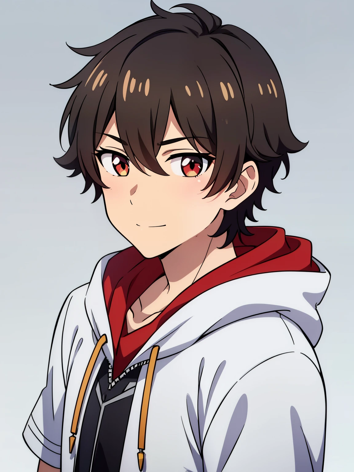 (high-quality, breathtaking),(expressive eyes, perfect face) portrait, 1boy, male, solo, young , black hair, red eye color, short hair length, soft wavy hair, cute smile, fluffy loose hair, side bangs, looking at viewer, portrait, medium full shot, happy expression, RWBY clothing, black hoodie, gold trim, white shirt, red scarf, grey background, short sleeves
