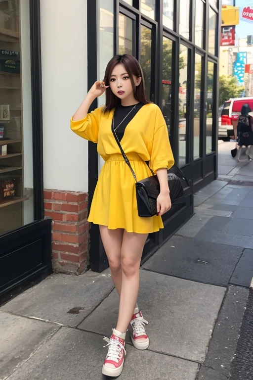 ((mid night, Acura, 8K, tmasterpiece: 1.3)), full body Esbian, long legged, Focalors: 1.2, Perfect figure beautiful woman: 1.4, Slim abs: 1.1, (dark brown hair,: 1.2 )), (Goose Yellow Skinny T-Shirt, falda corta,Sitting on Stool: 1.2), (city night scene, teto: 1.3)), Highly detailed face and skin textures, detailedeyes, 二重まぶた,