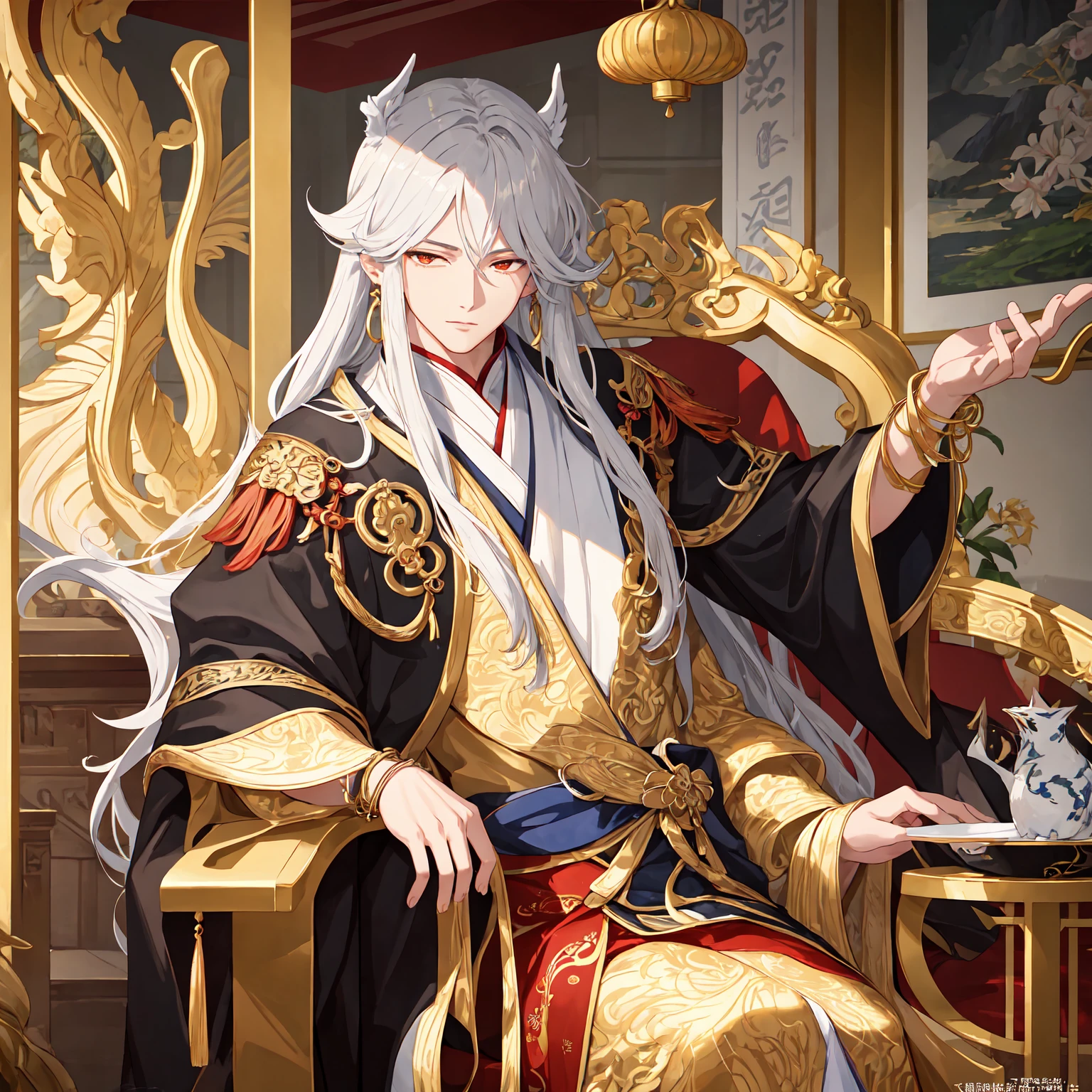 best quality, 4K, HDR, solo, (anime: 1.2), (male: 1.5), (juvenile: 1.2), with a Chinese dragon horn on the head, earrings on the ears, bracelets on the wrists, (metal ankle rings on the ankles: 0.8), (barefoot: 1), ancient Chinese style, (upper body: 0.3), long hair, (fair skin: 1.5), dance moves, ( tattoo:0.2),