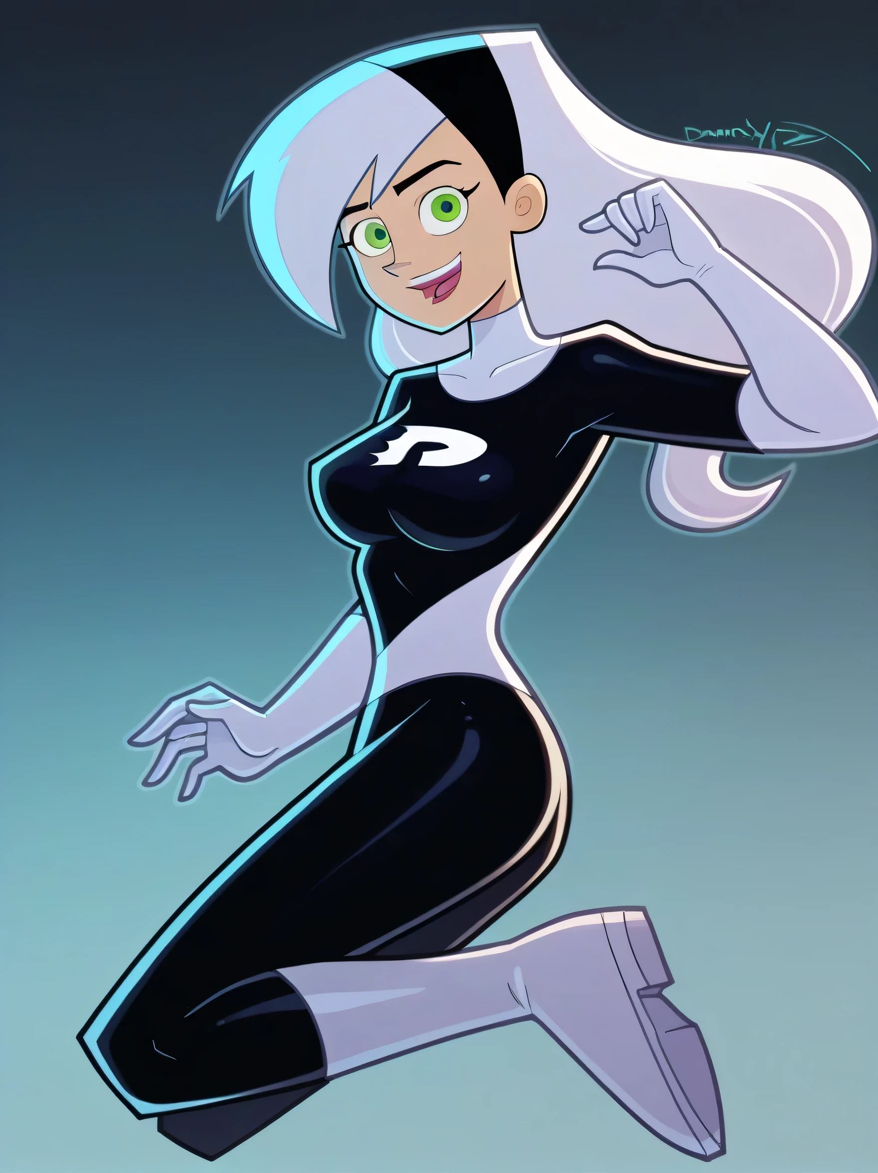 score_9, score_8_up, score_7_up, score_6_up, score_5_up,
danny_phantom, 1girl, white_hair, green_eyes, large_breasts,
danny_phantom, 1girl, solo, green_eyes, white_hair, hairband, long_hair, bodysuit,gloves, smile, black_background, open_mouth, boots, simple_background, thigh_boots, full_body, multicolored_hair, white_gloves, two-tone_hair, black_bodysuit, black_hairband, breasts, :d, looking_at_viewer, white_footwear