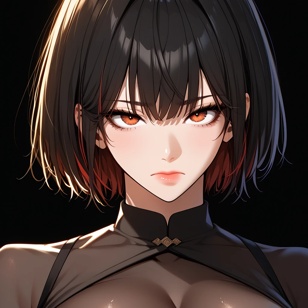 (best qualityer)), ((work of art)), (detailded), 1 girl, Demonia, short clothes, Bblack hair, large breasted, big-ass, alone, snake eyes